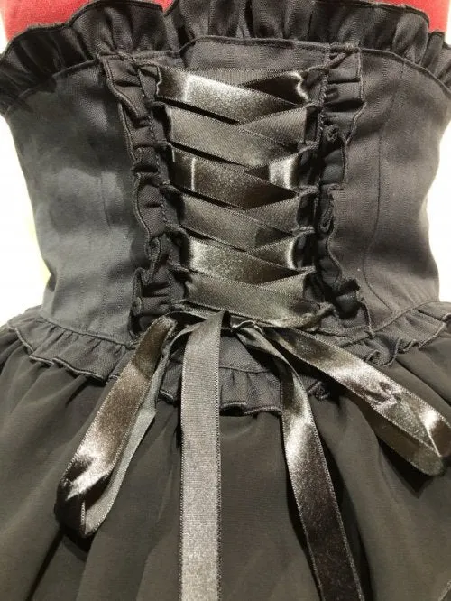【MARBLE】マーブル　ハイウエスト編み上げスパイラルフリルスカート：黒×黒ジョーゼット