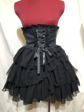 【MARBLE】マーブル　ハイウエスト編み上げスパイラルフリルスカート：黒×黒ジョーゼット