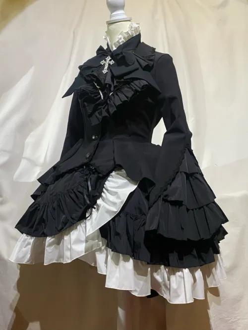 【MARBLE】マーブル　編み上げ巻きフリルスカート：黒×白◆L〜LLサイズ◆