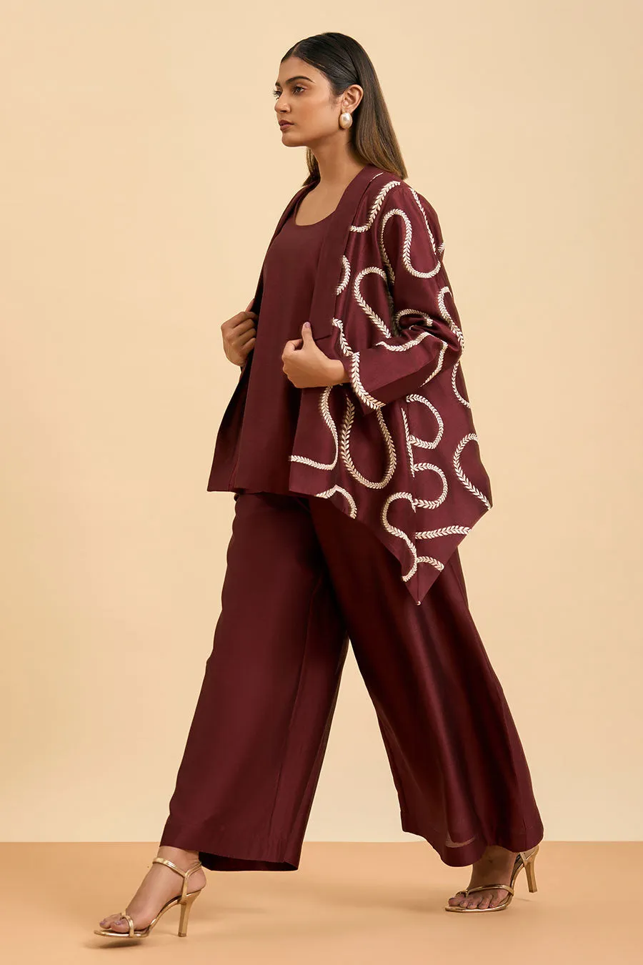 Maroon Harmony Top, Pant & Jacket Co-Ord Set