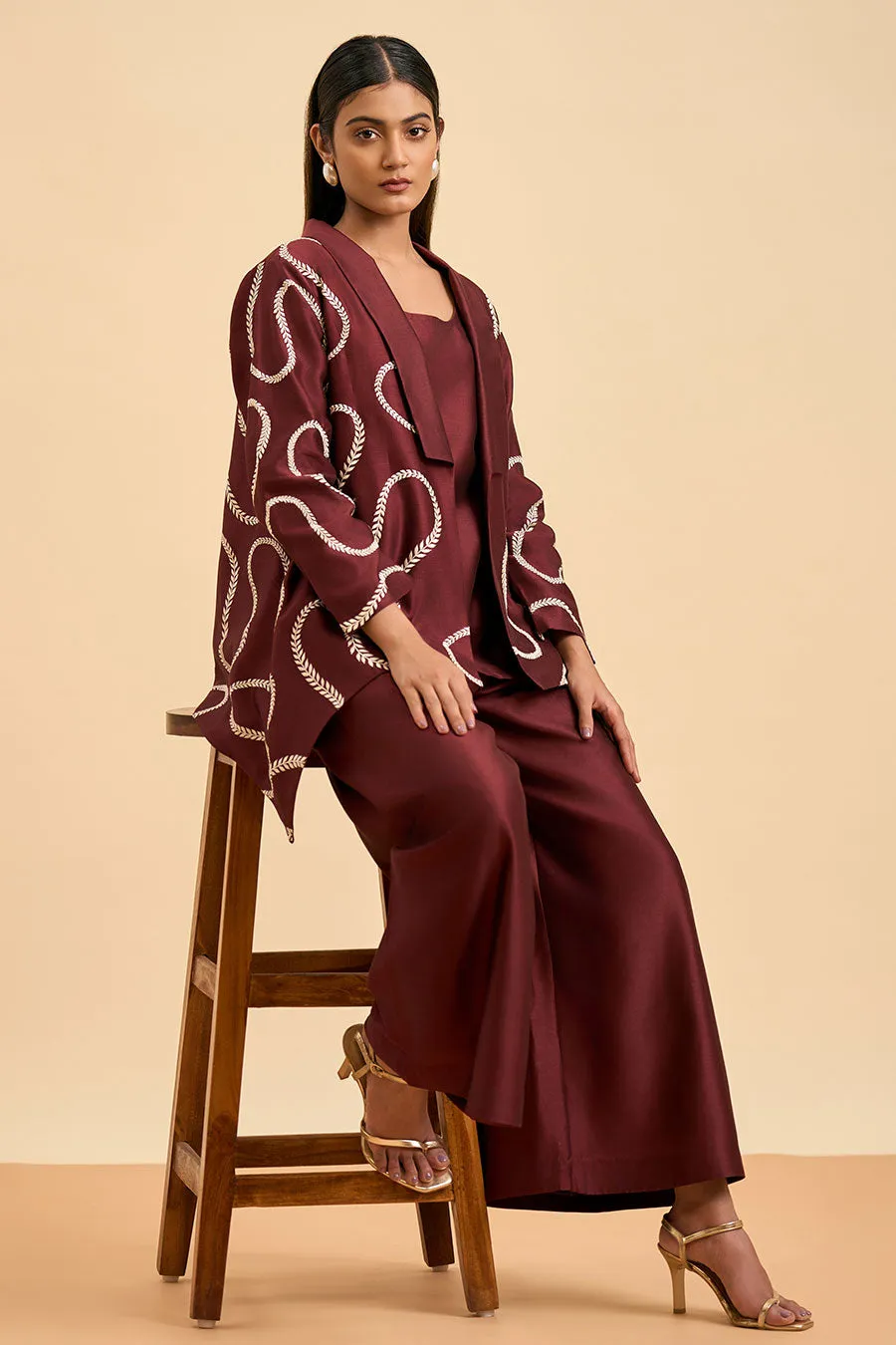 Maroon Harmony Top, Pant & Jacket Co-Ord Set