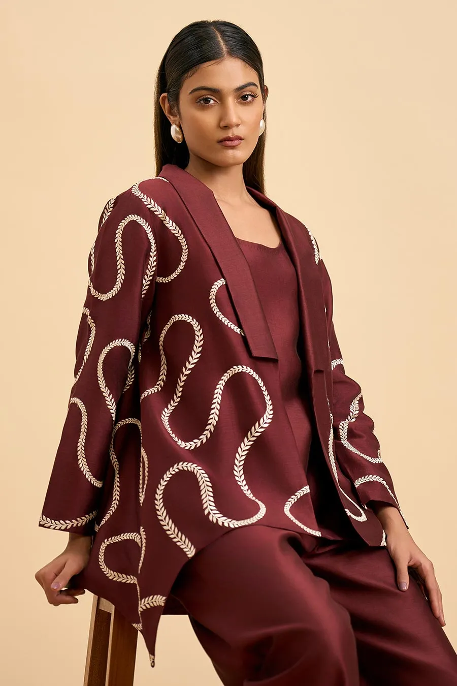 Maroon Harmony Top, Pant & Jacket Co-Ord Set