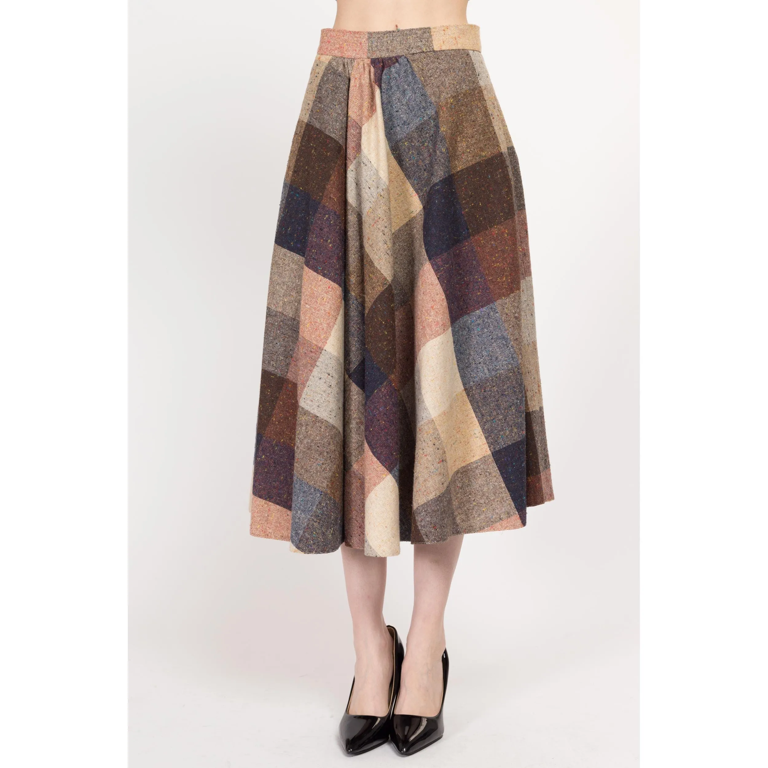 Medium 70s Earth Tone Flecked Plaid Schoolgirl Midi Skirt 27.5""