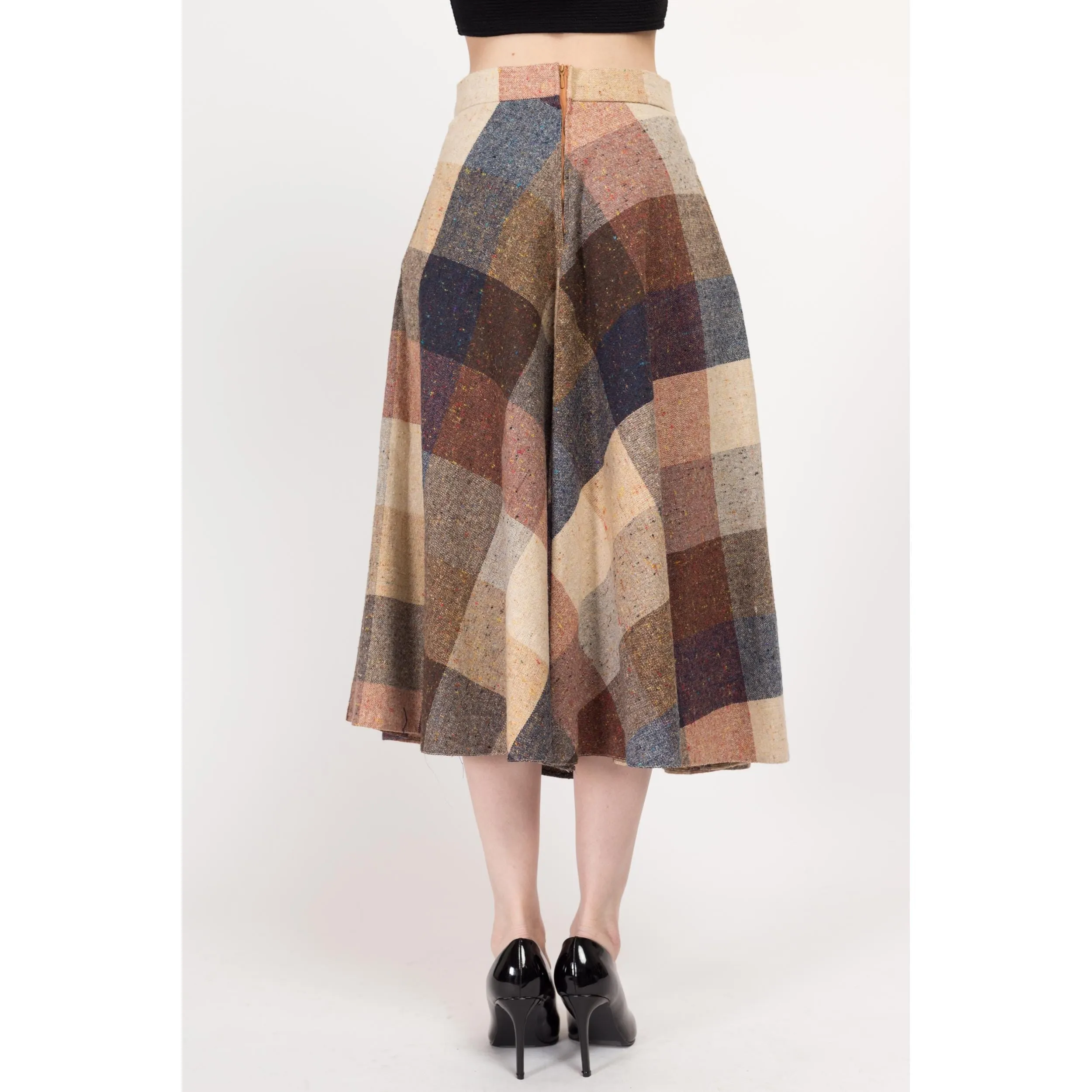 Medium 70s Earth Tone Flecked Plaid Schoolgirl Midi Skirt 27.5""