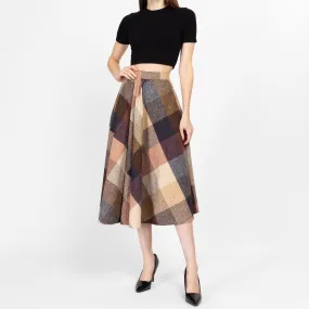 Medium 70s Earth Tone Flecked Plaid Schoolgirl Midi Skirt 27.5""