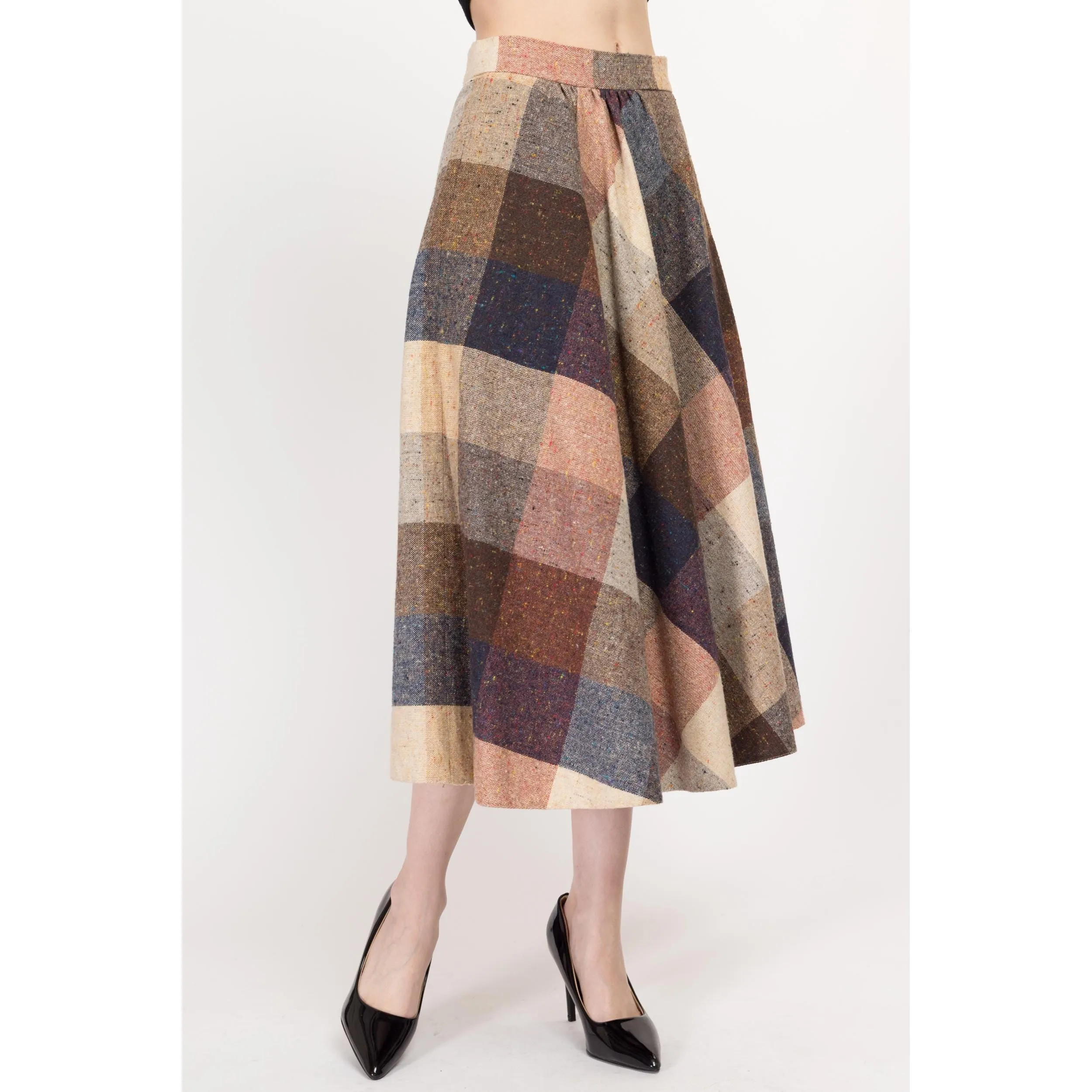 Medium 70s Earth Tone Flecked Plaid Schoolgirl Midi Skirt 27.5""