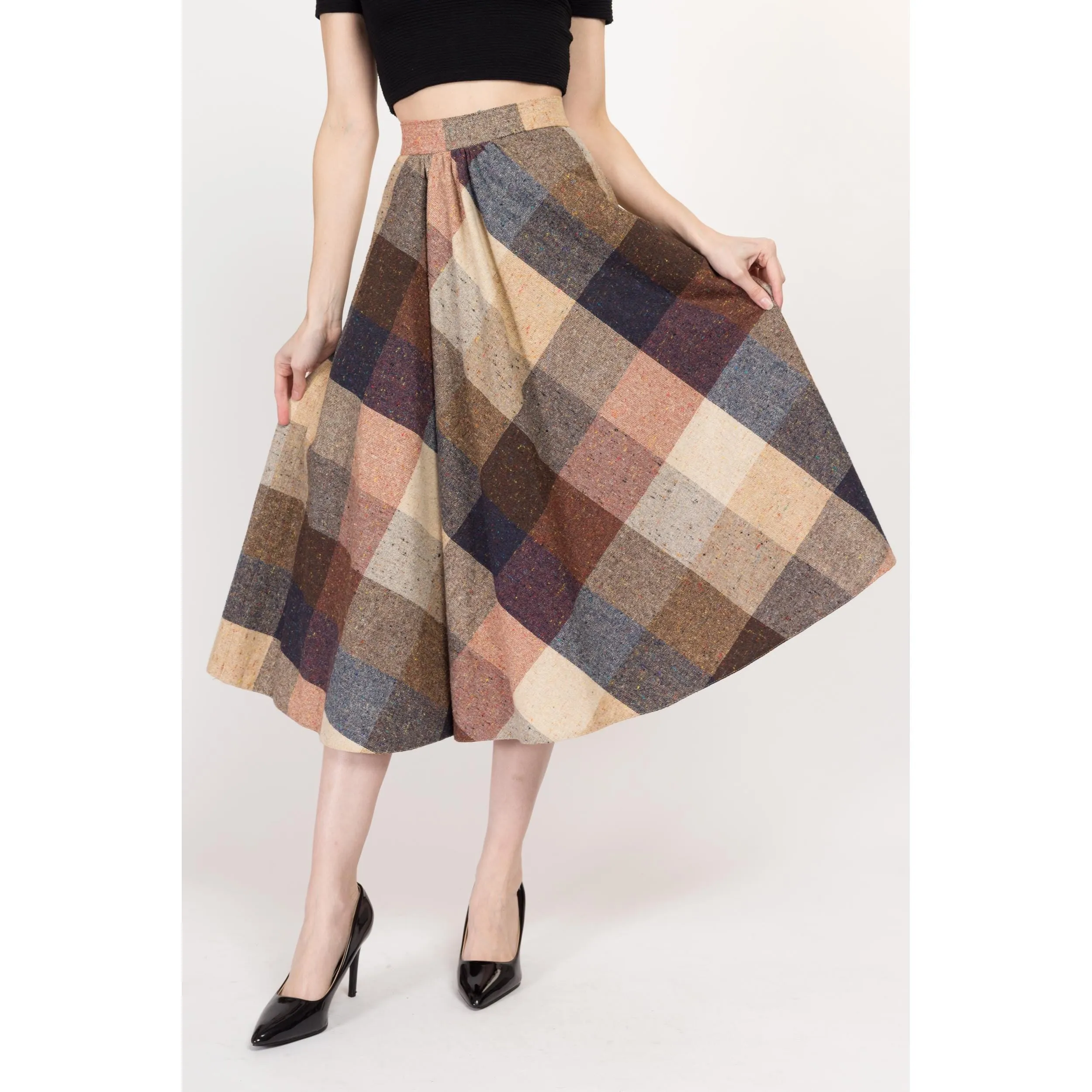 Medium 70s Earth Tone Flecked Plaid Schoolgirl Midi Skirt 27.5""