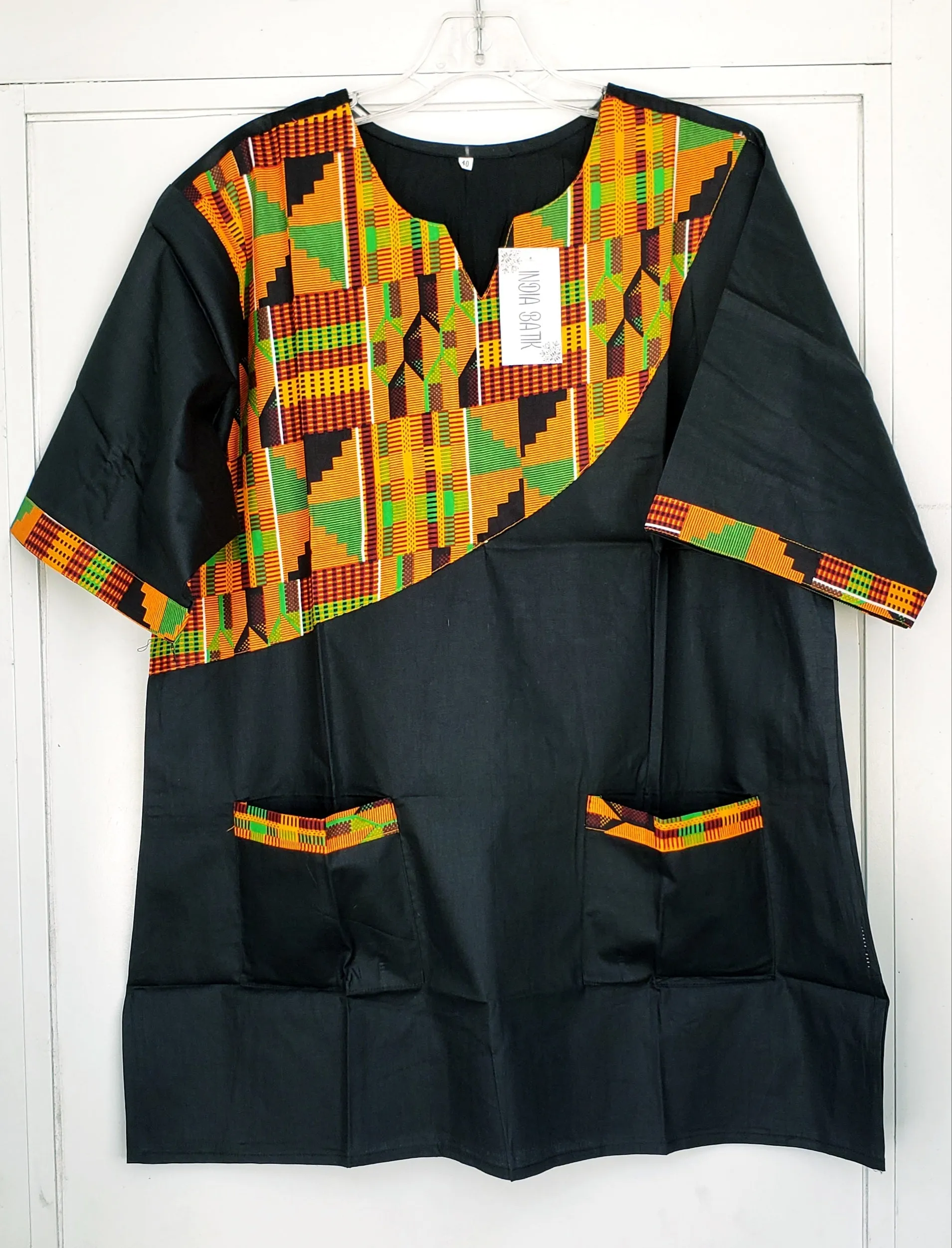 Men Tunic Shirt / Kente Accent- White