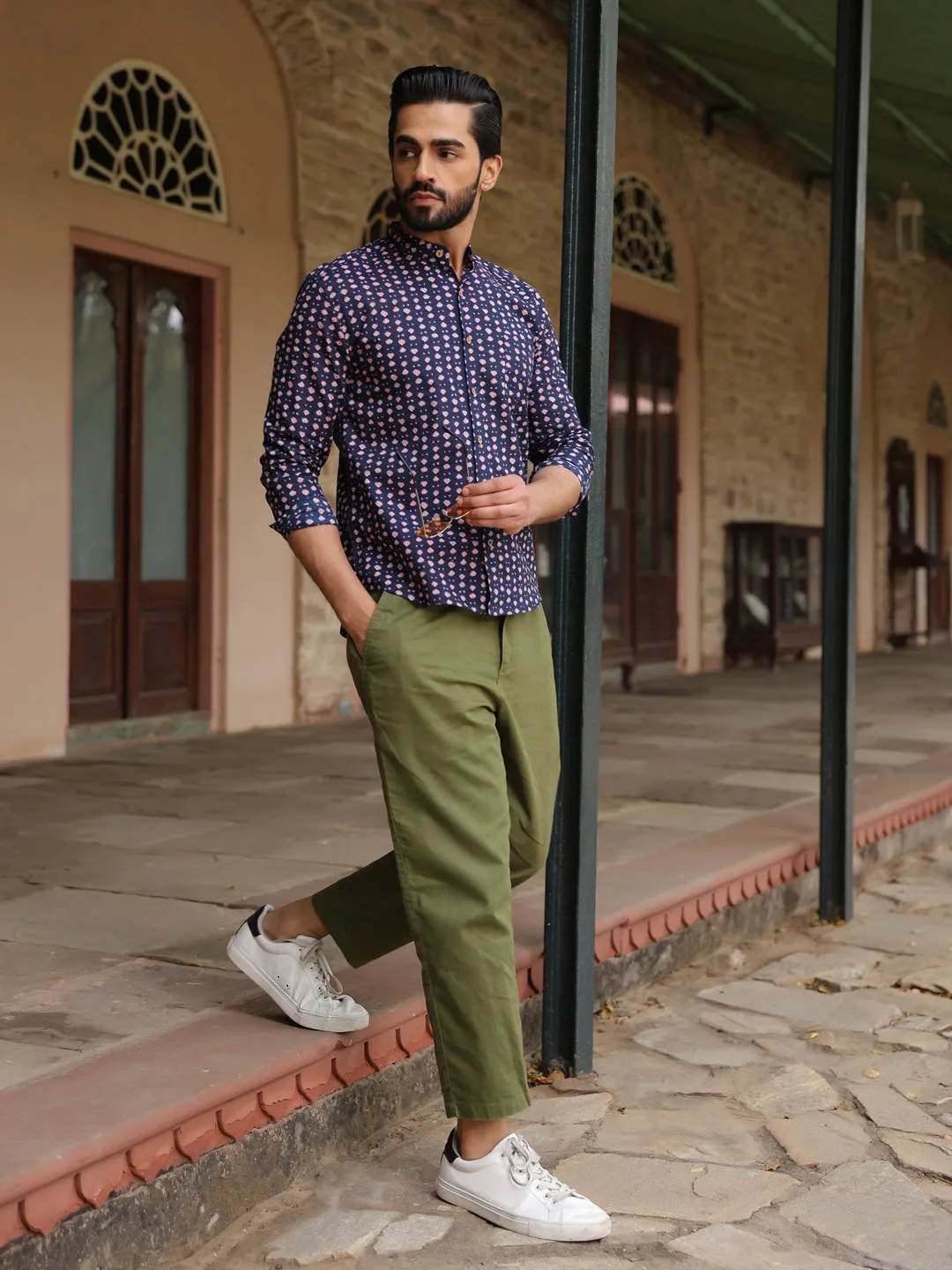 Men's  Pure Cotton Navy Blue Casual Shirt