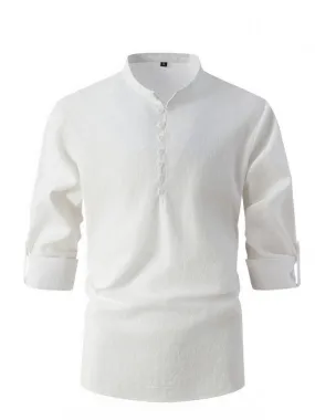 Men’s Texture Cotton Henley T-Shirt - Muscle Fit Roll-Up Sleeves Shirt