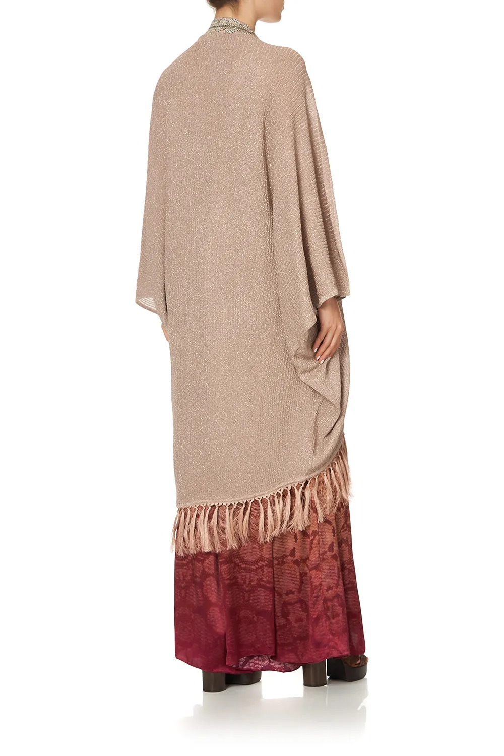 METALLIC KNIT PONCHO WITH TASSELS COASTAL TREASURE