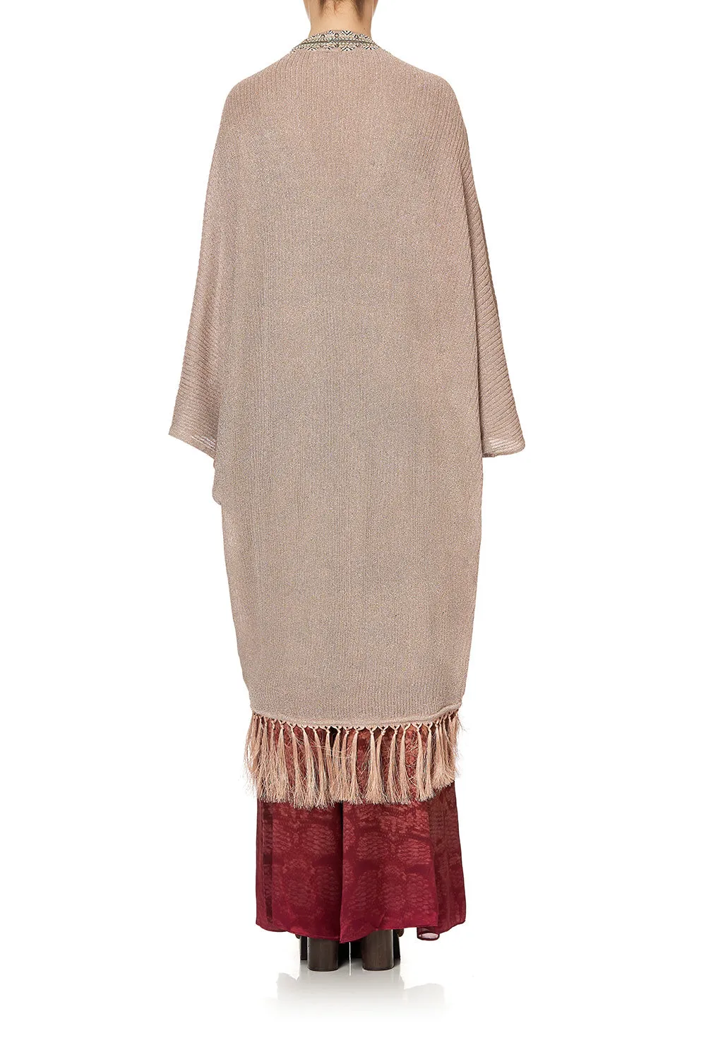 METALLIC KNIT PONCHO WITH TASSELS COASTAL TREASURE