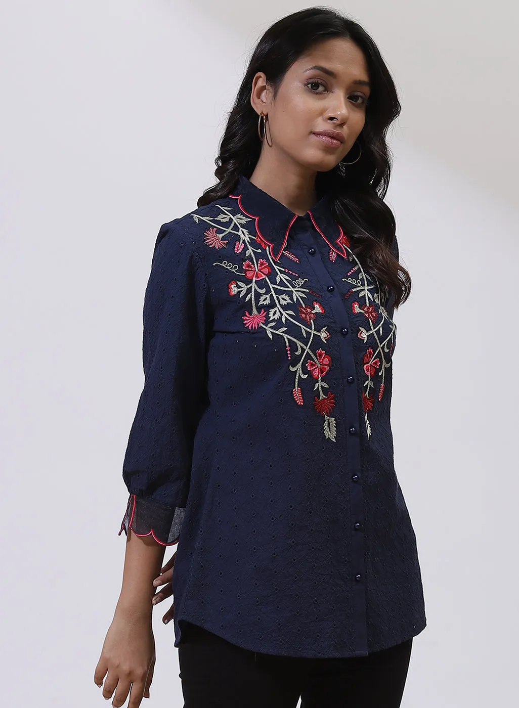 Midnight Blue Floral Embroidered Nargis Shirt with Ruffles