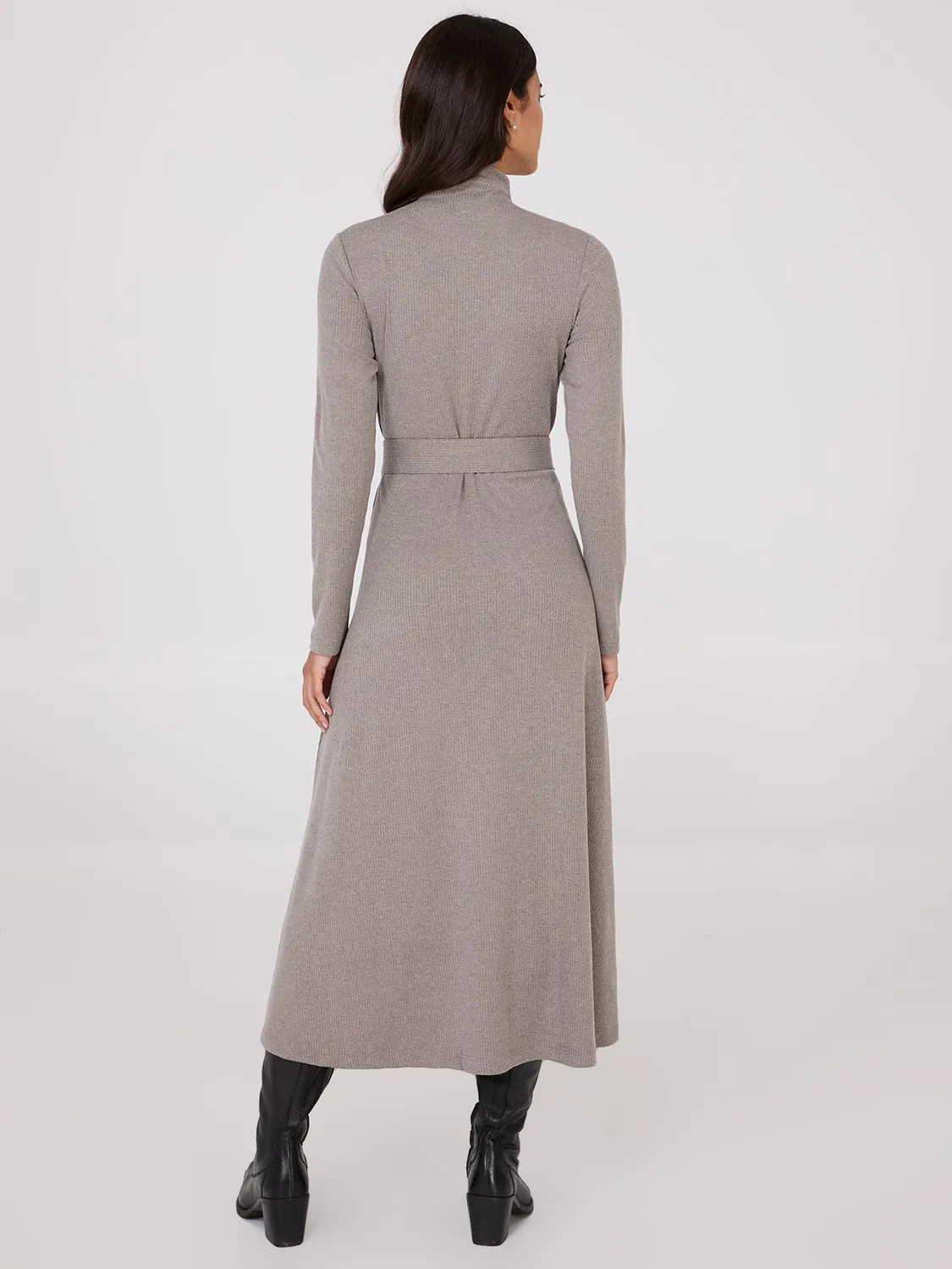 Mock Neck Belted Melange Midi Dress