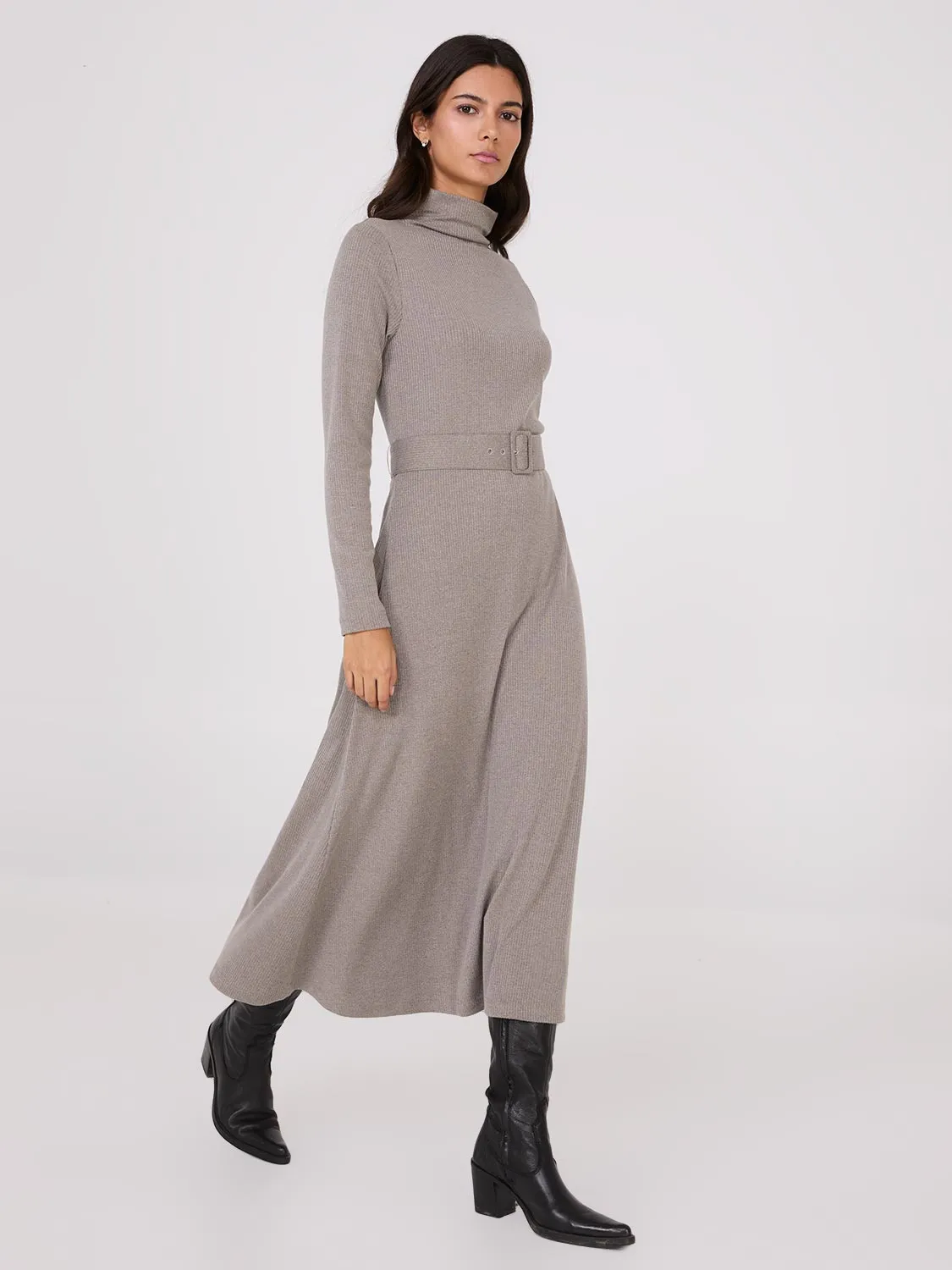 Mock Neck Belted Melange Midi Dress