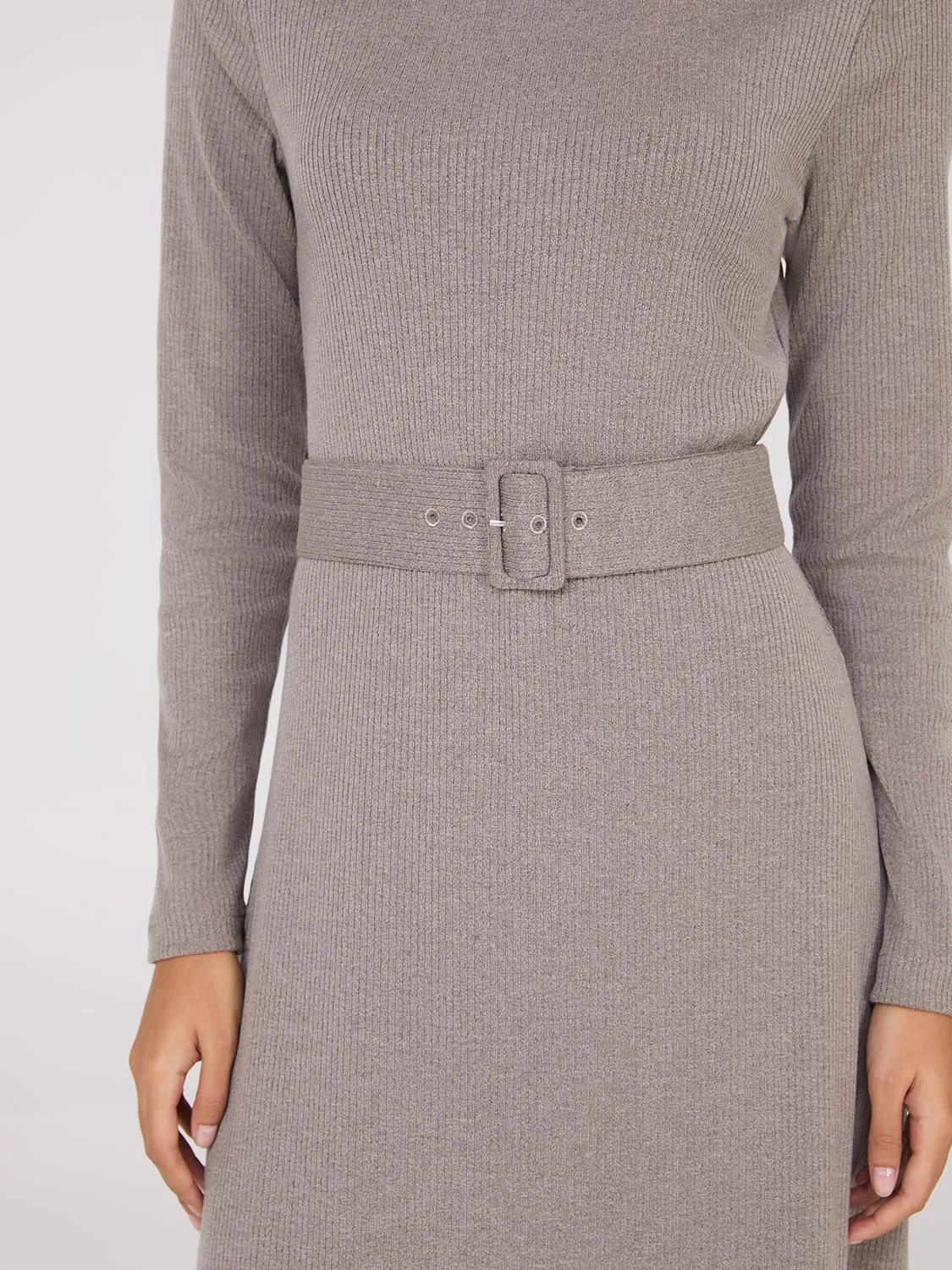 Mock Neck Belted Melange Midi Dress