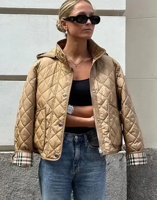 Modern Quilted Coat with Plaid Lining