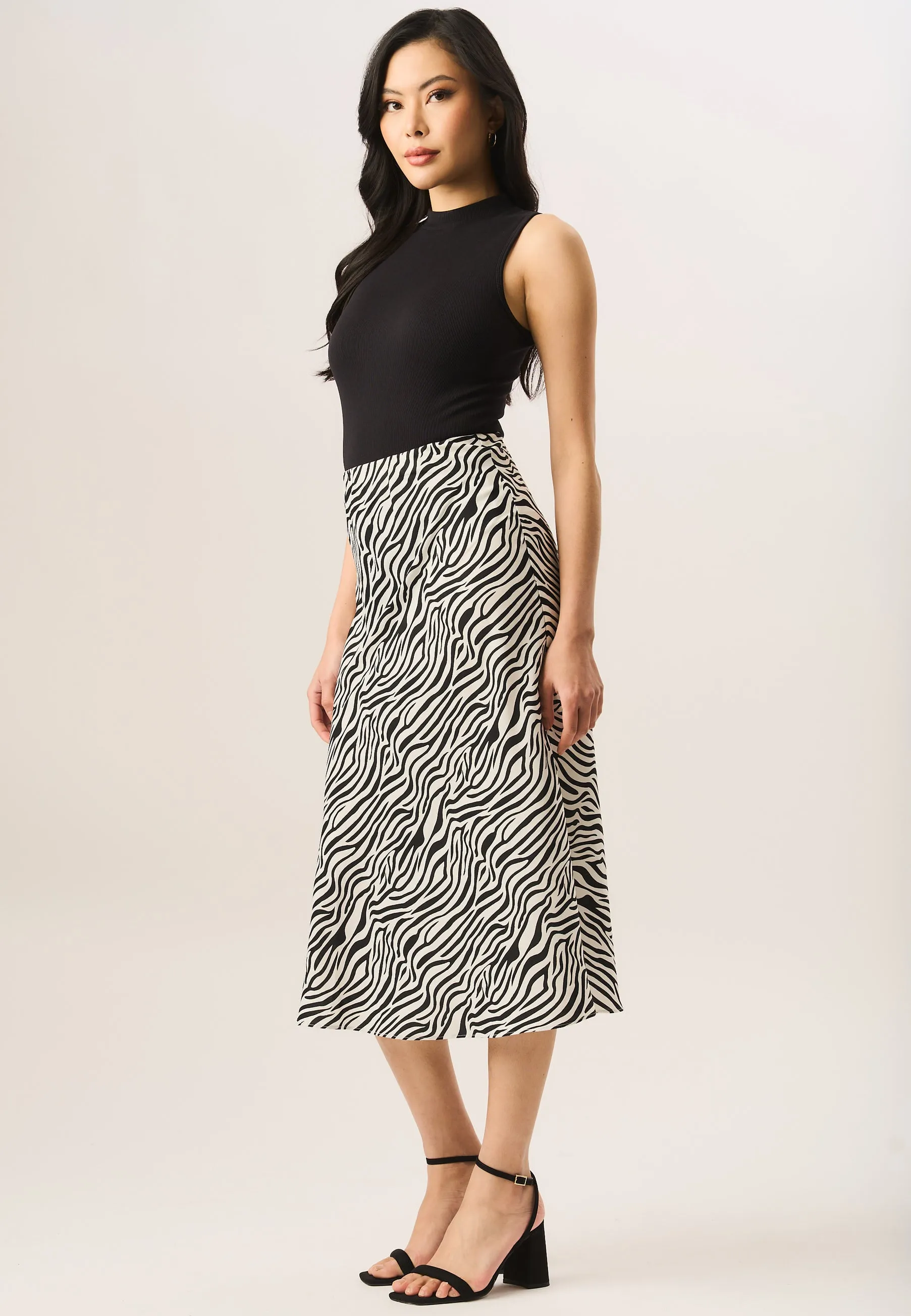 Mono Zebra Print Satin Bias Midi Skirt