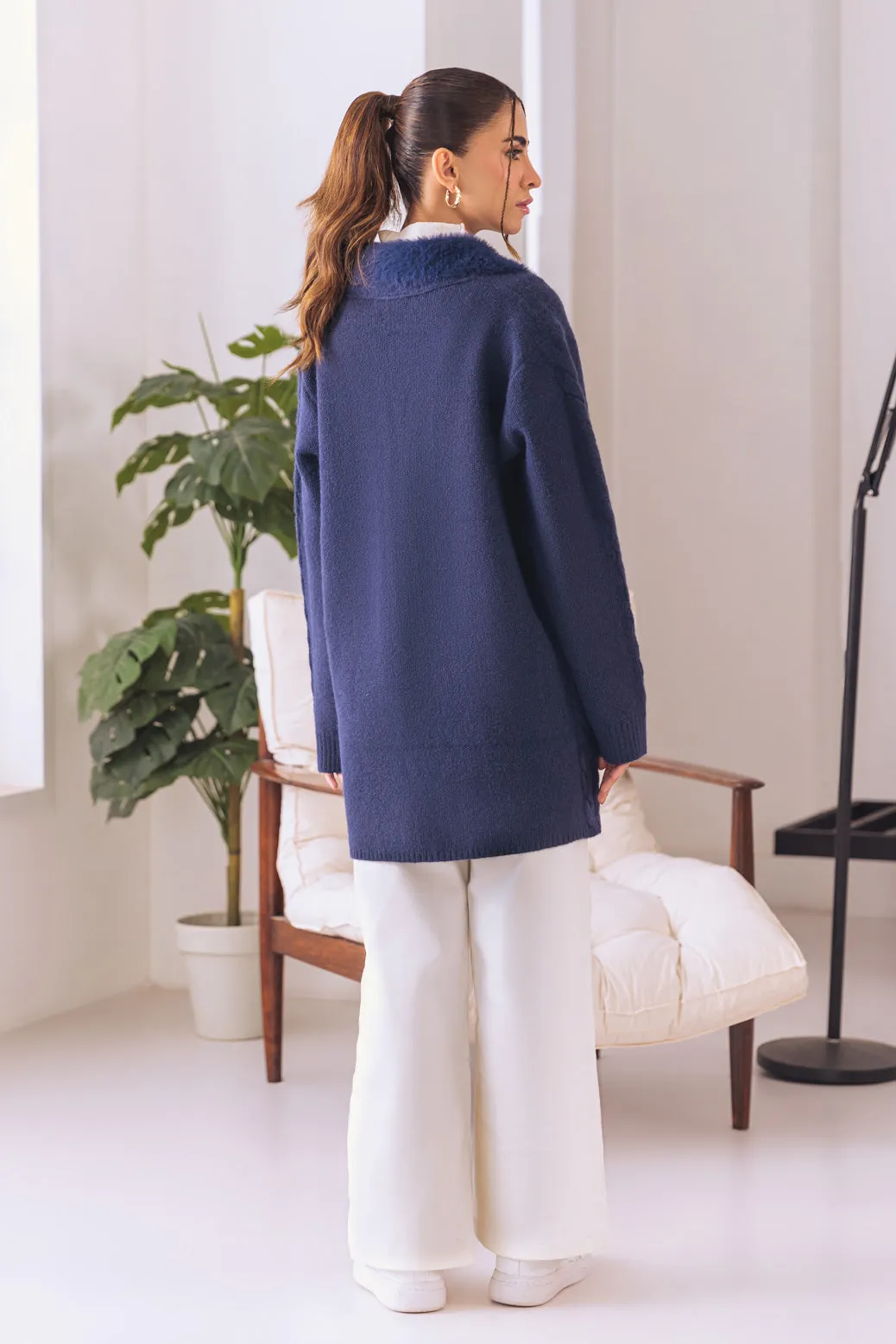 NAVY COAT COLLAR FULL SLEEVES CARDIGAN SWEATER (24X-075-66)
