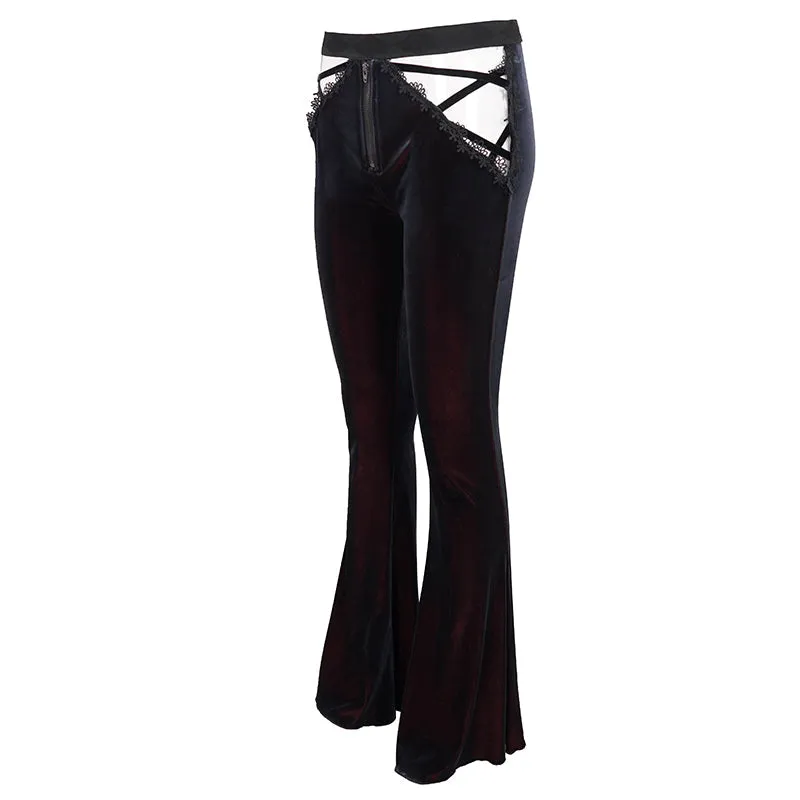 'Negative Nancy' Gothic Velvet Flared Pants With Lace