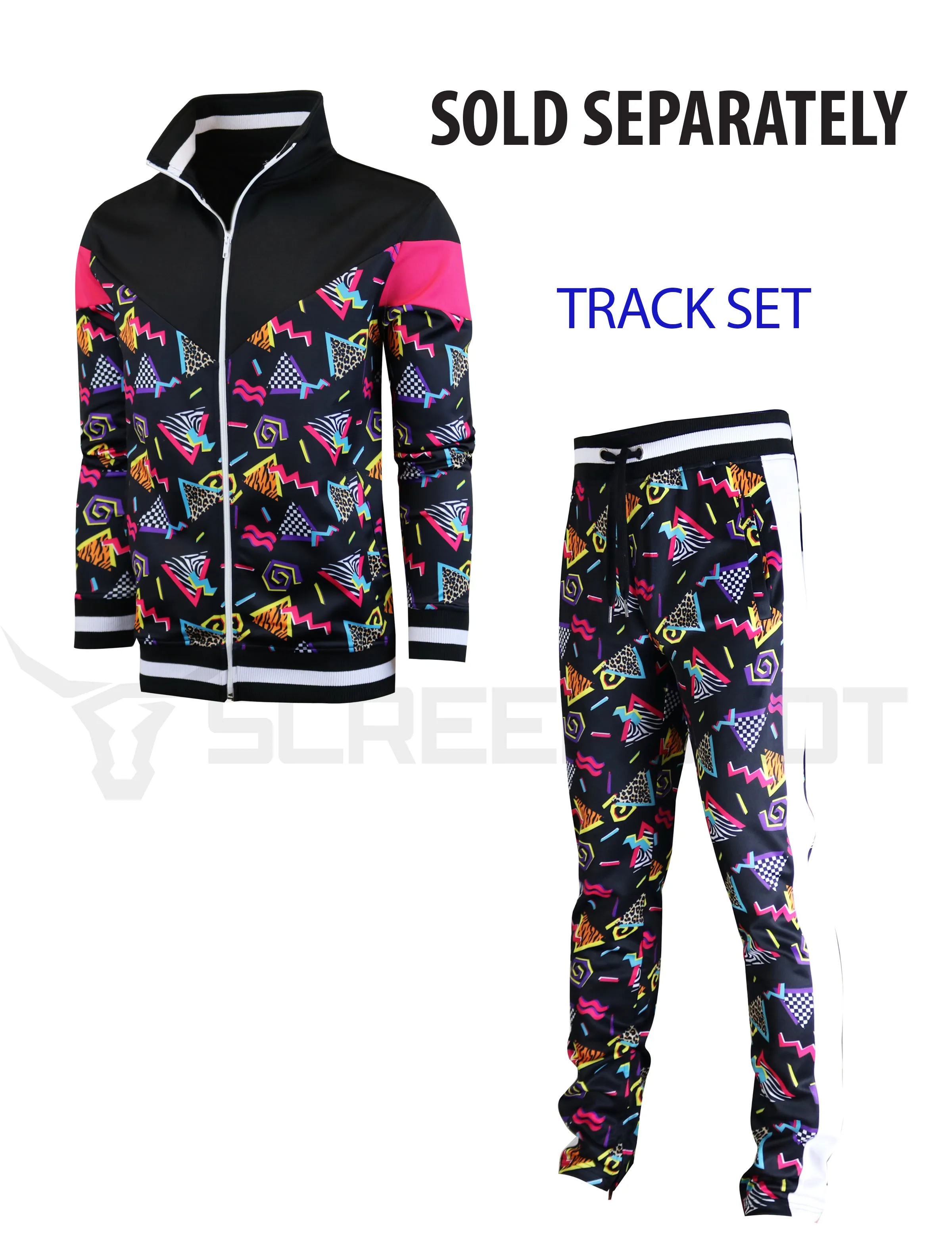 P11904-80'S RETRO PRINT TRACK PANTS (BLACK/POP)