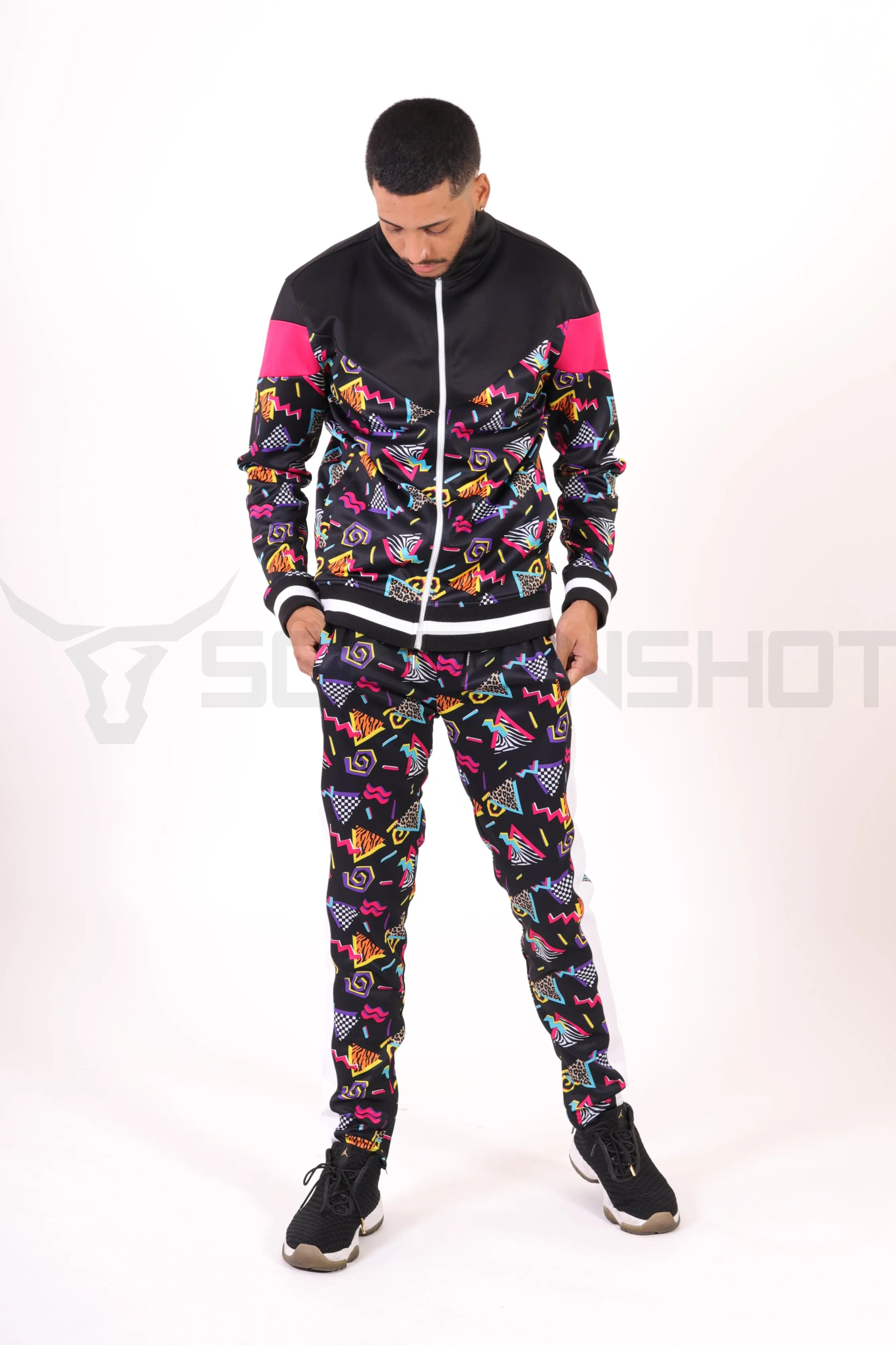 P11904-80'S RETRO PRINT TRACK PANTS (BLACK/POP)