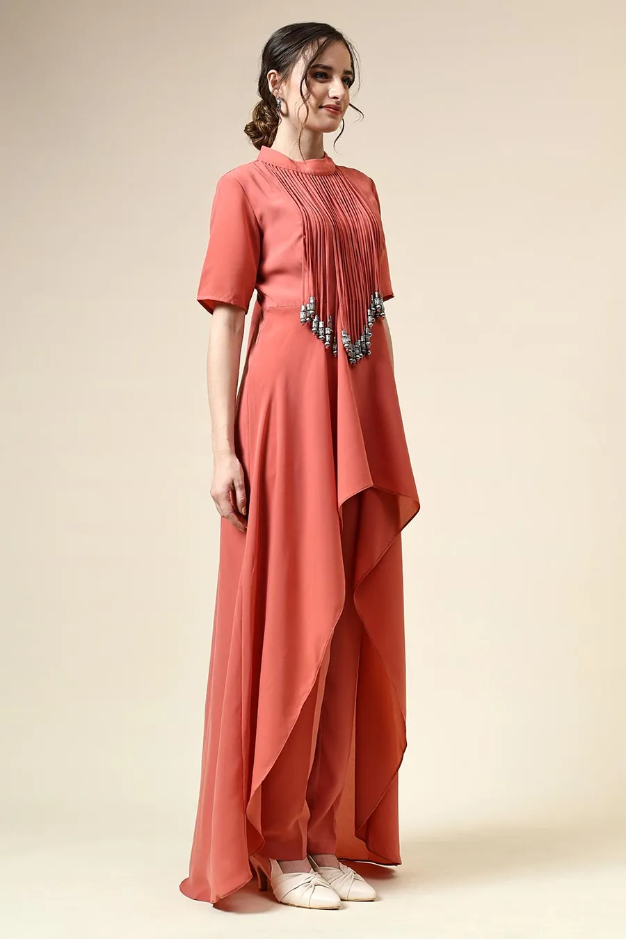Pastel Orange Metallic Fringe Co-Ord Set