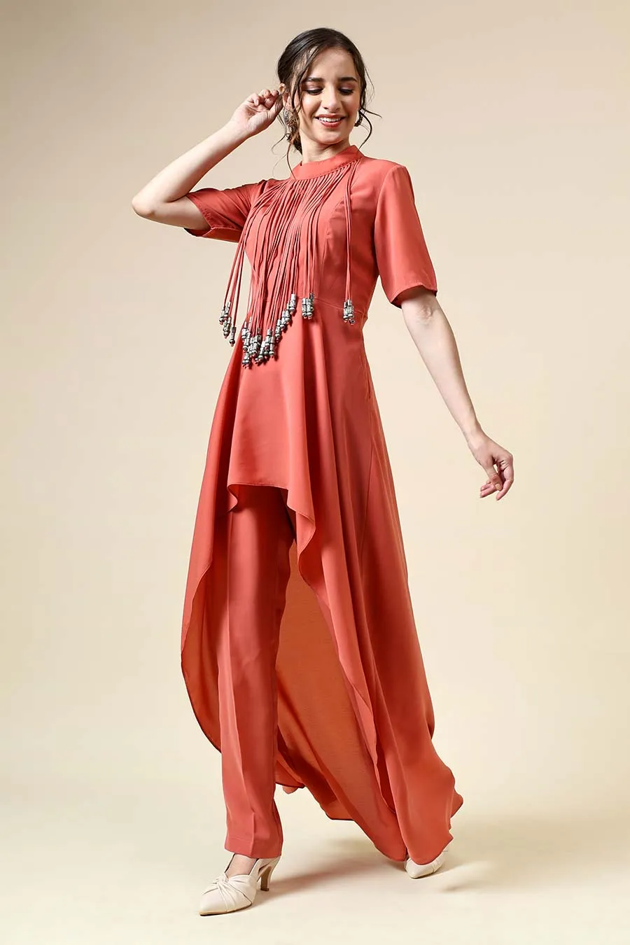 Pastel Orange Metallic Fringe Co-Ord Set