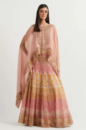 Peach Embroidered Cape & Cross Stitch Skirt Set