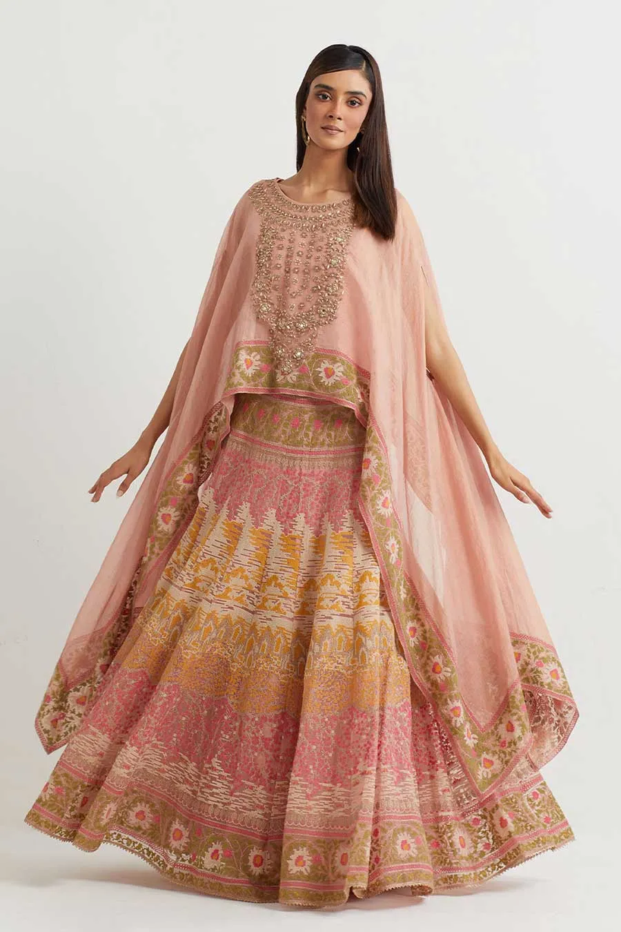 Peach Embroidered Cape & Cross Stitch Skirt Set