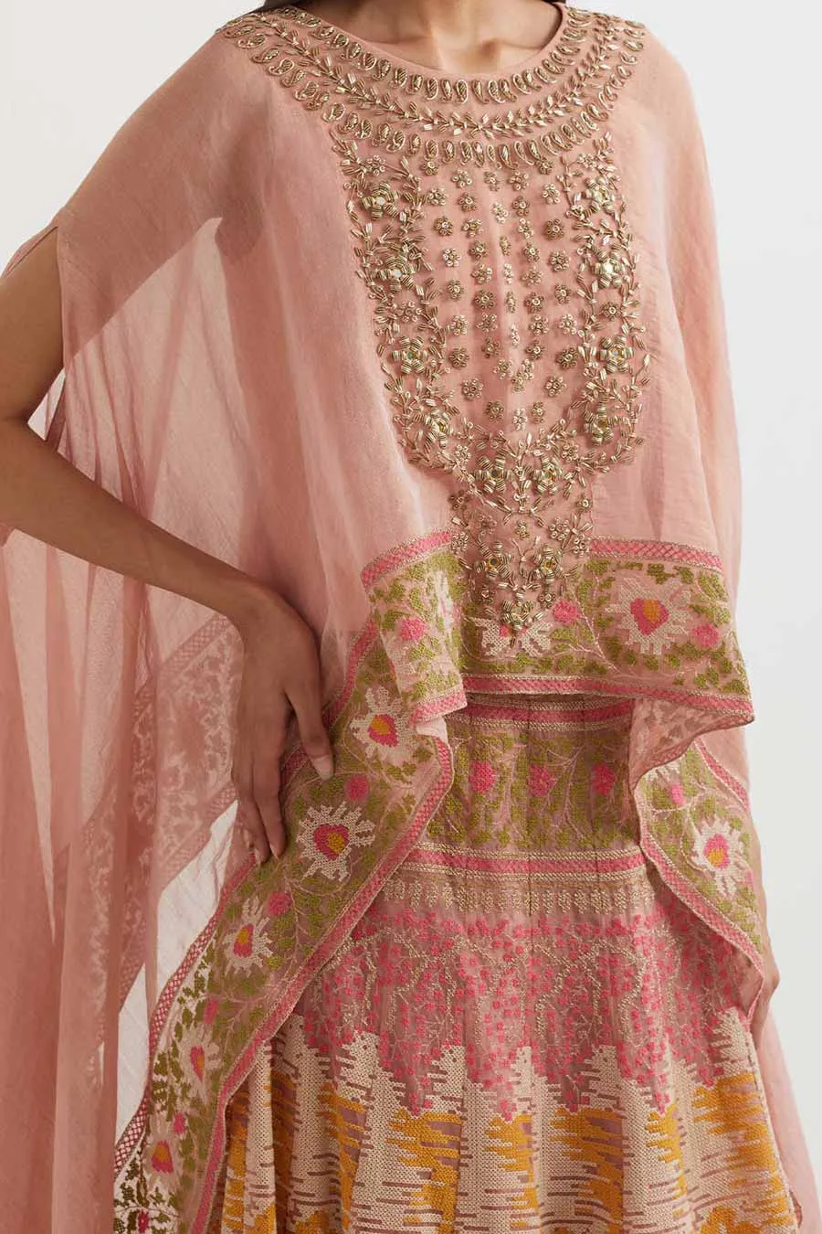 Peach Embroidered Cape & Cross Stitch Skirt Set
