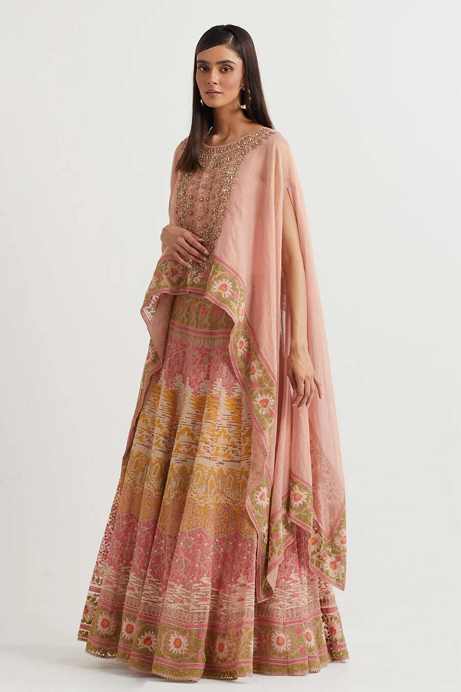 Peach Embroidered Cape & Cross Stitch Skirt Set