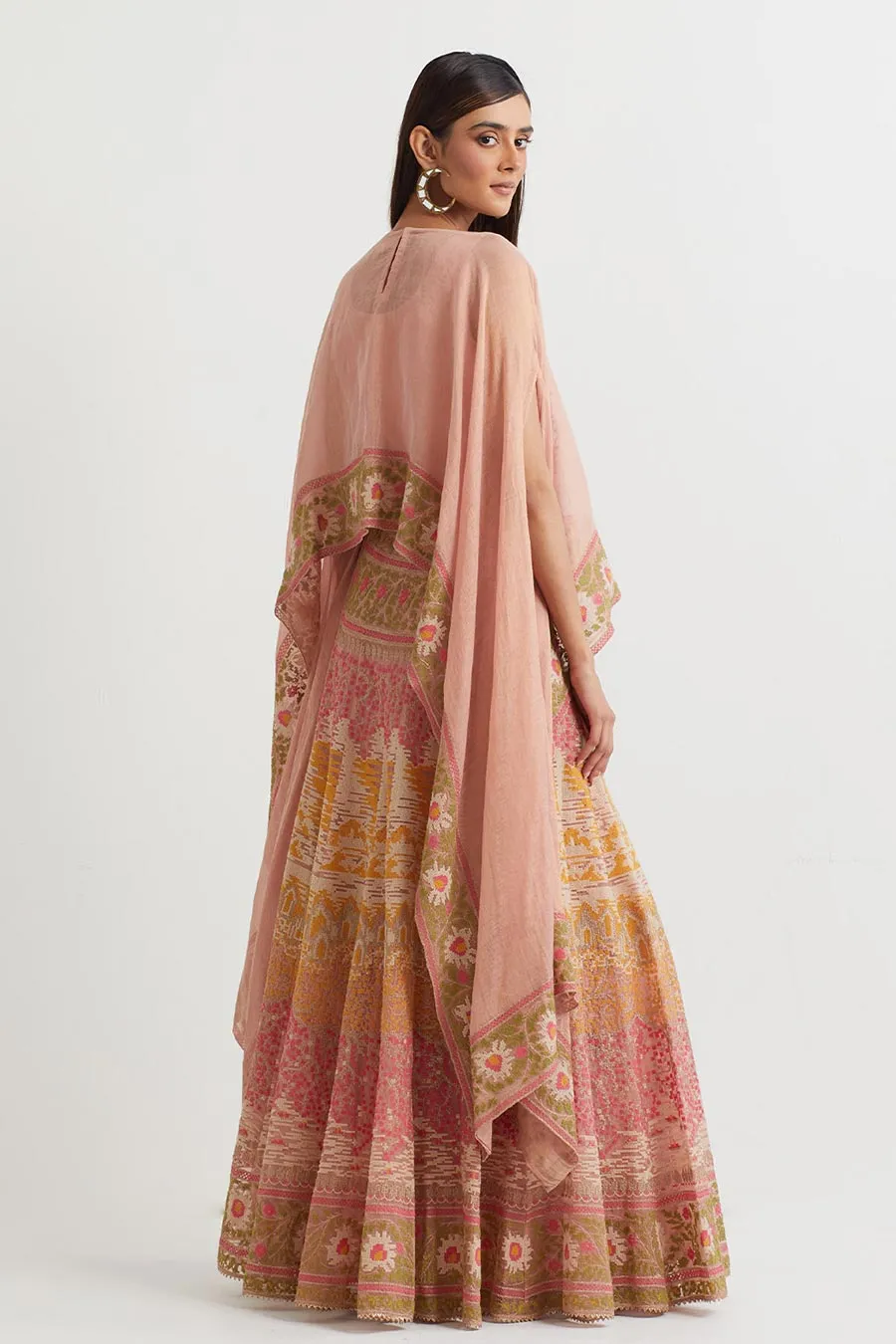 Peach Embroidered Cape & Cross Stitch Skirt Set