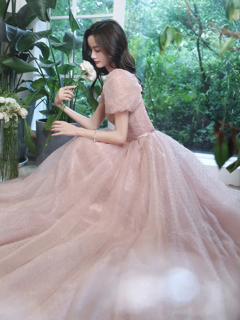 Pink A line Tulle Long Prom Dress. Pink Lace Bridesmaid Dress