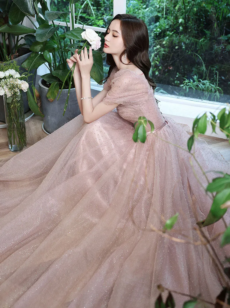 Pink A line Tulle Long Prom Dress. Pink Lace Bridesmaid Dress