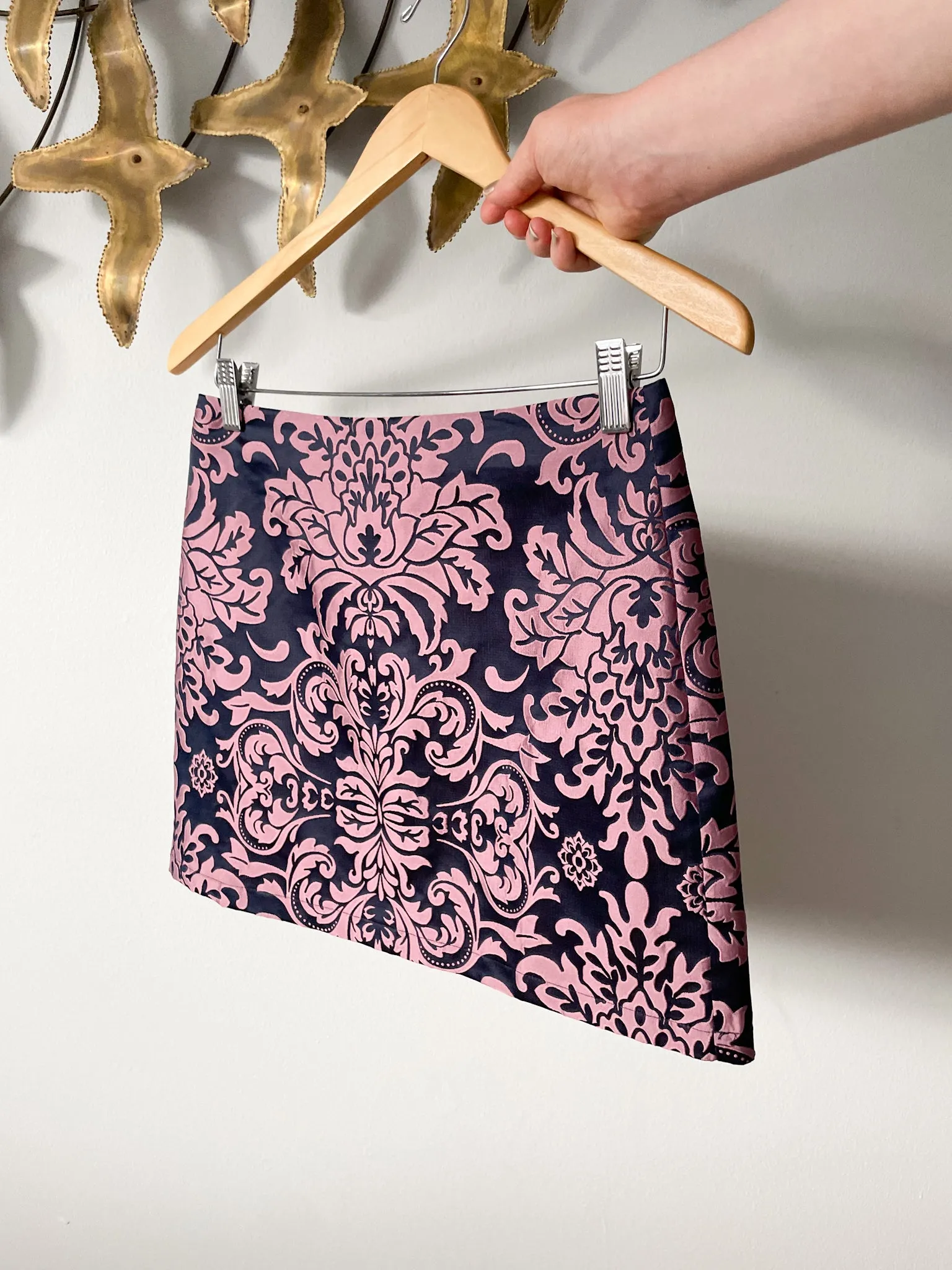 Pink Purple Brocade Satin Mini Skirt - Small