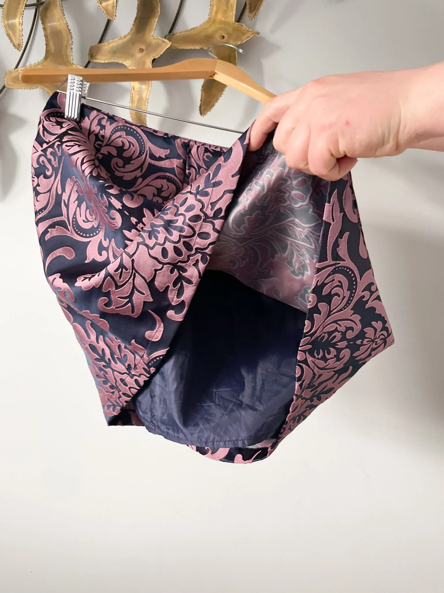 Pink Purple Brocade Satin Mini Skirt - Small