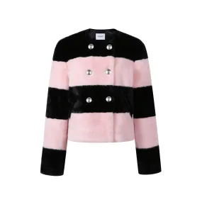 Pink Striped Patchwork Fur Coat