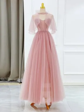 Pink Tulle Tea Length Prom Dress, Pink Tulle Formal Dress