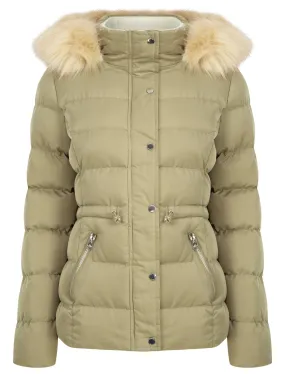 Pisa Quilted Puffer Jacket With Faux Fur Hood In Mermaid Khaki - Tokyo Laundry