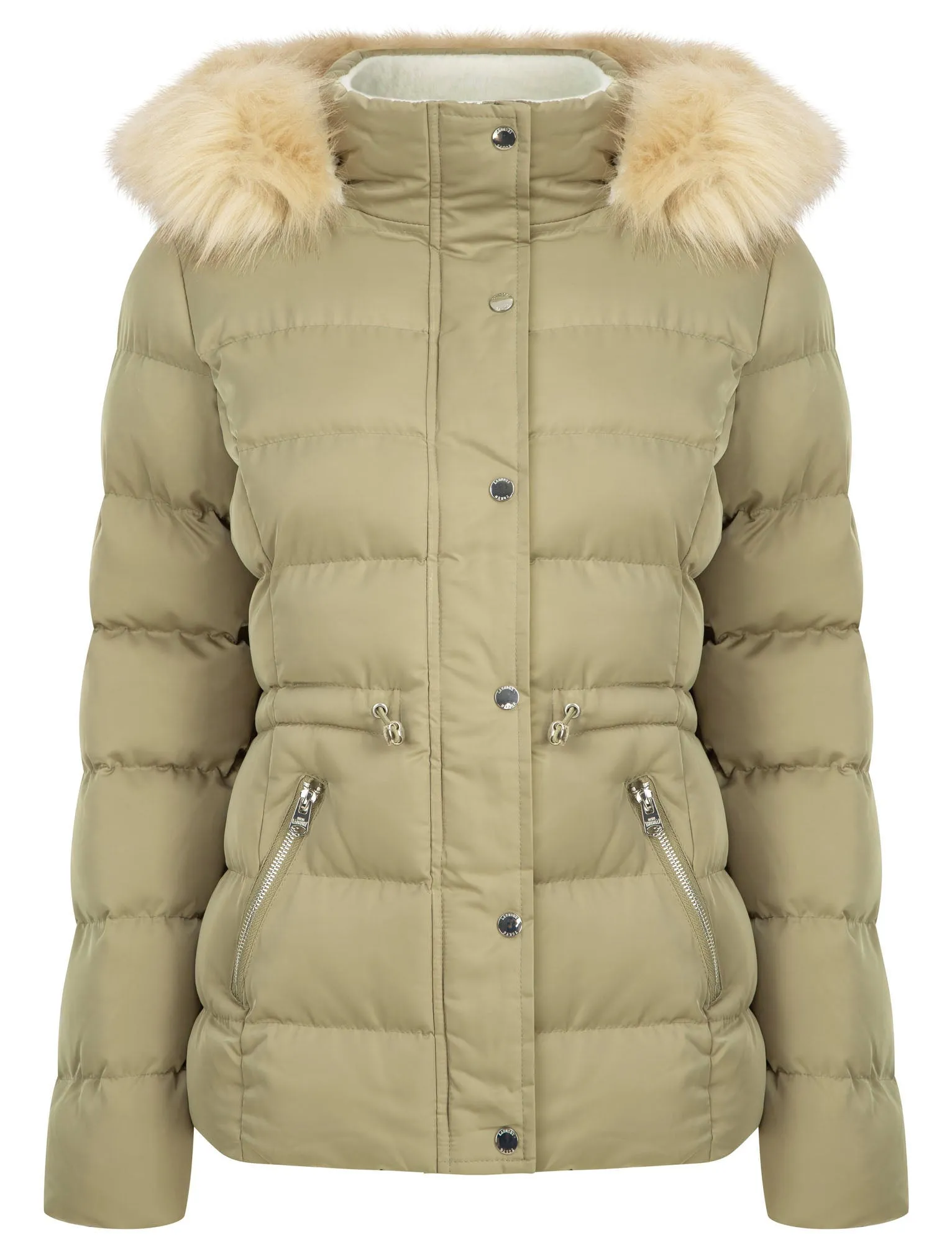 Pisa Quilted Puffer Jacket With Faux Fur Hood In Mermaid Khaki - Tokyo Laundry