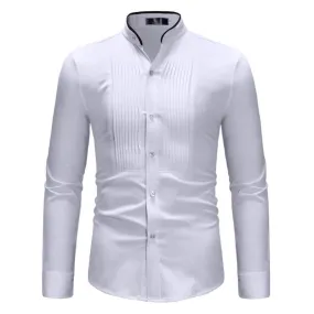 Plain Color Lines Decorated Mandarin Collar Shirt