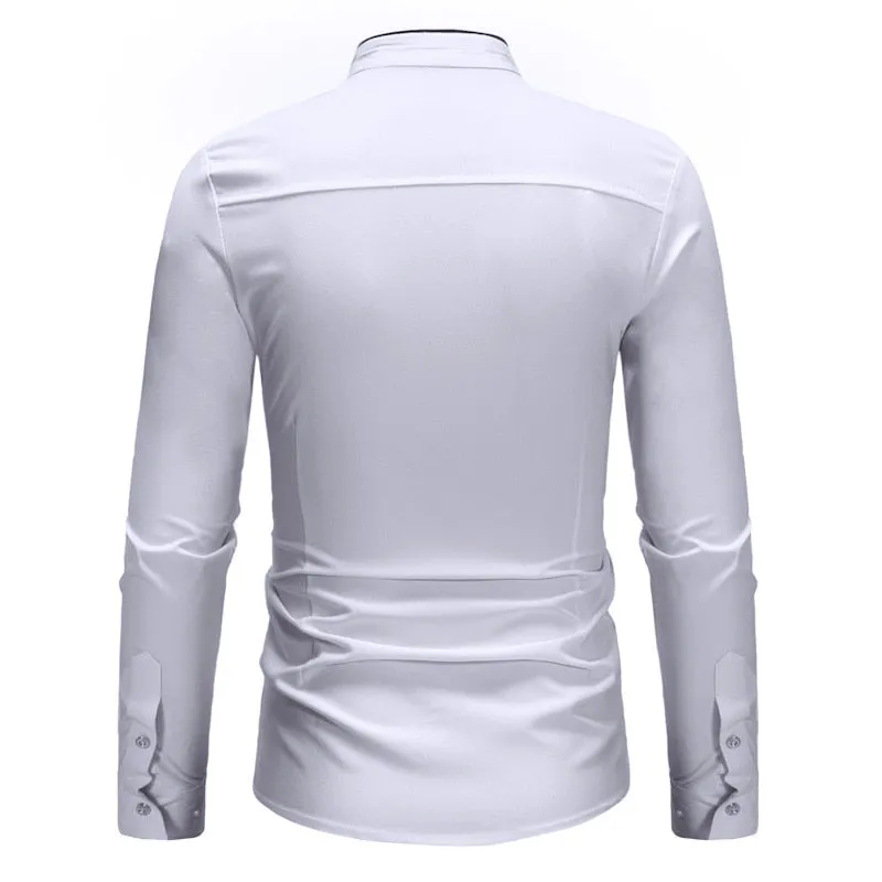 Plain Color Lines Decorated Mandarin Collar Shirt