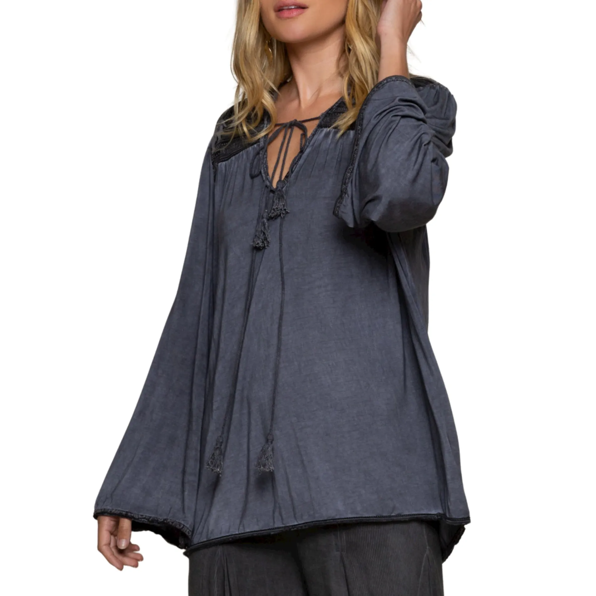 POL Boho Lace with Tassels Wide Sleeve Relaxed Fit Blouse Tunic Top