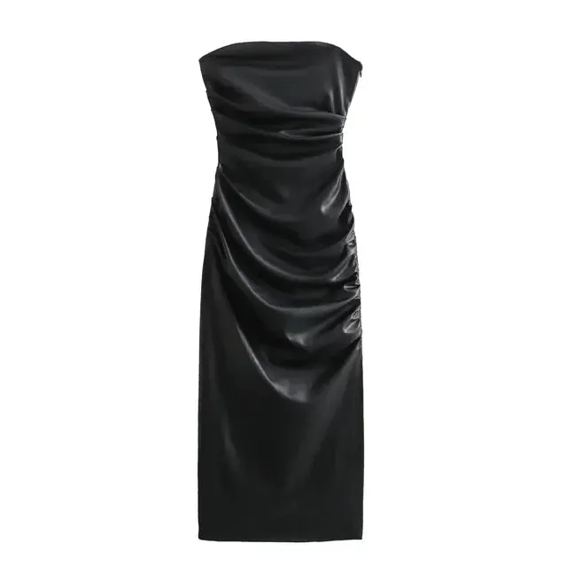 Pre Order:  Ruched Faux Leather Sleeveless Dress