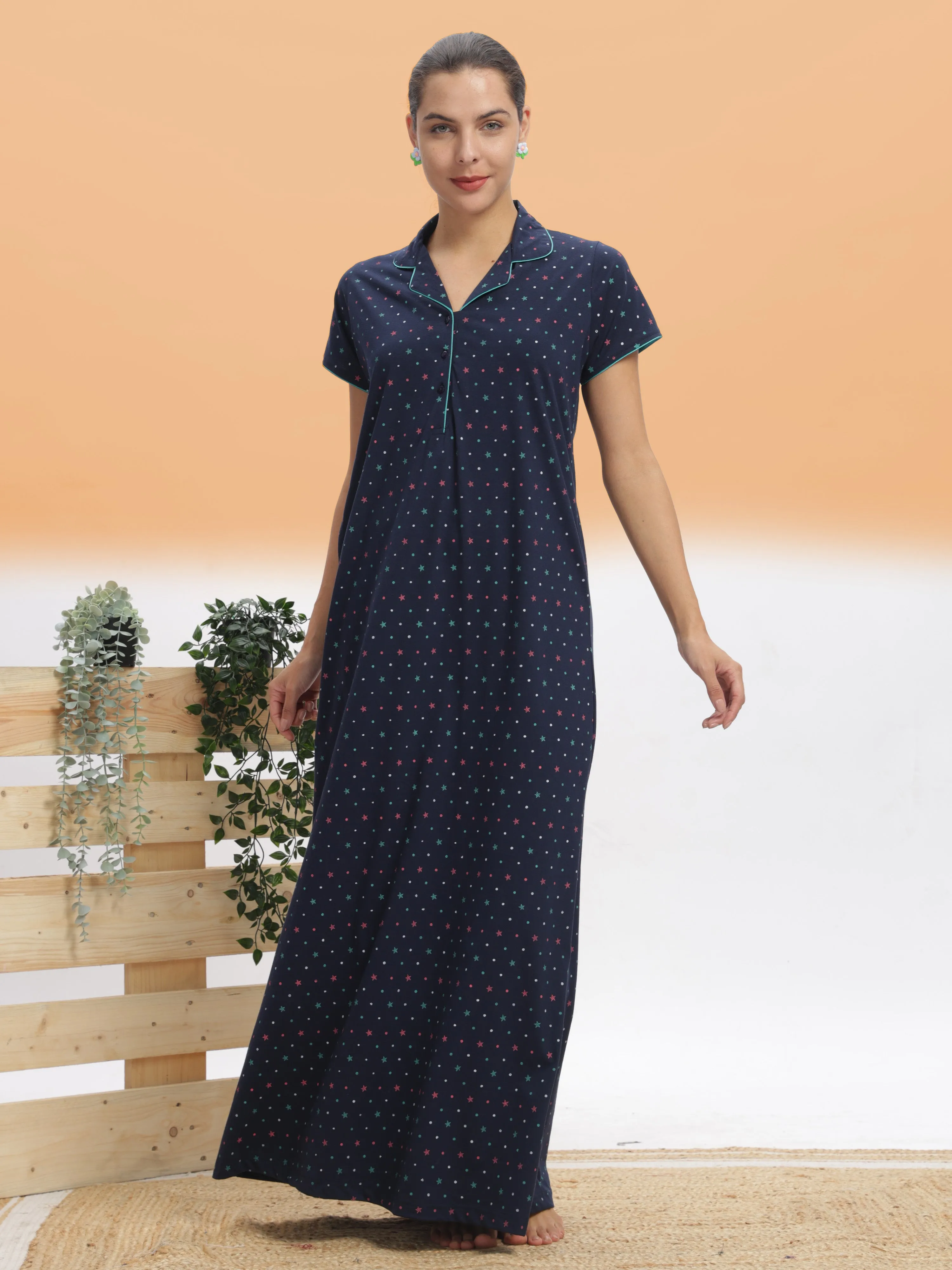 Premium Cotton Blend Collar Nighty Royal Blue