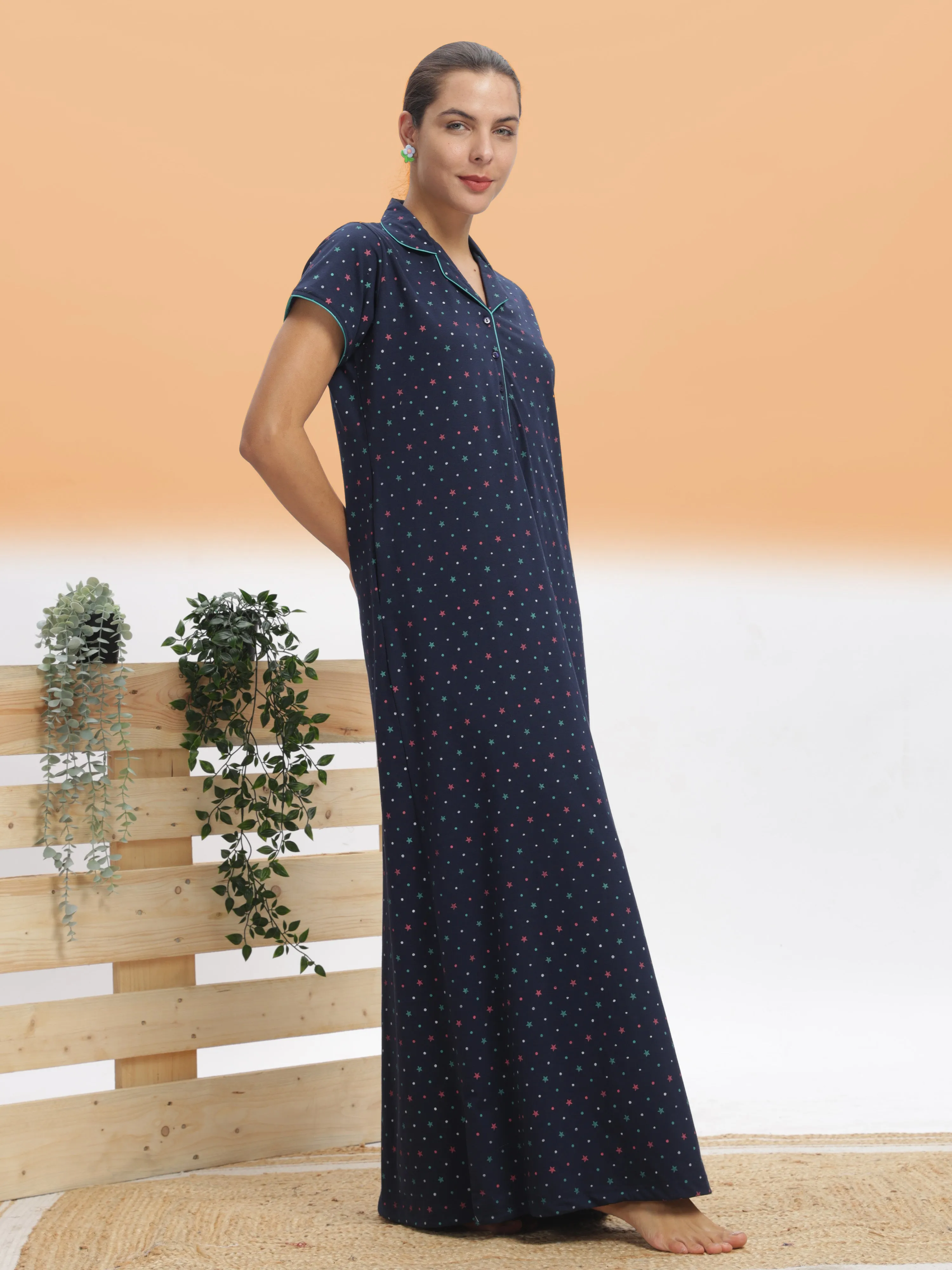 Premium Cotton Blend Collar Nighty Royal Blue
