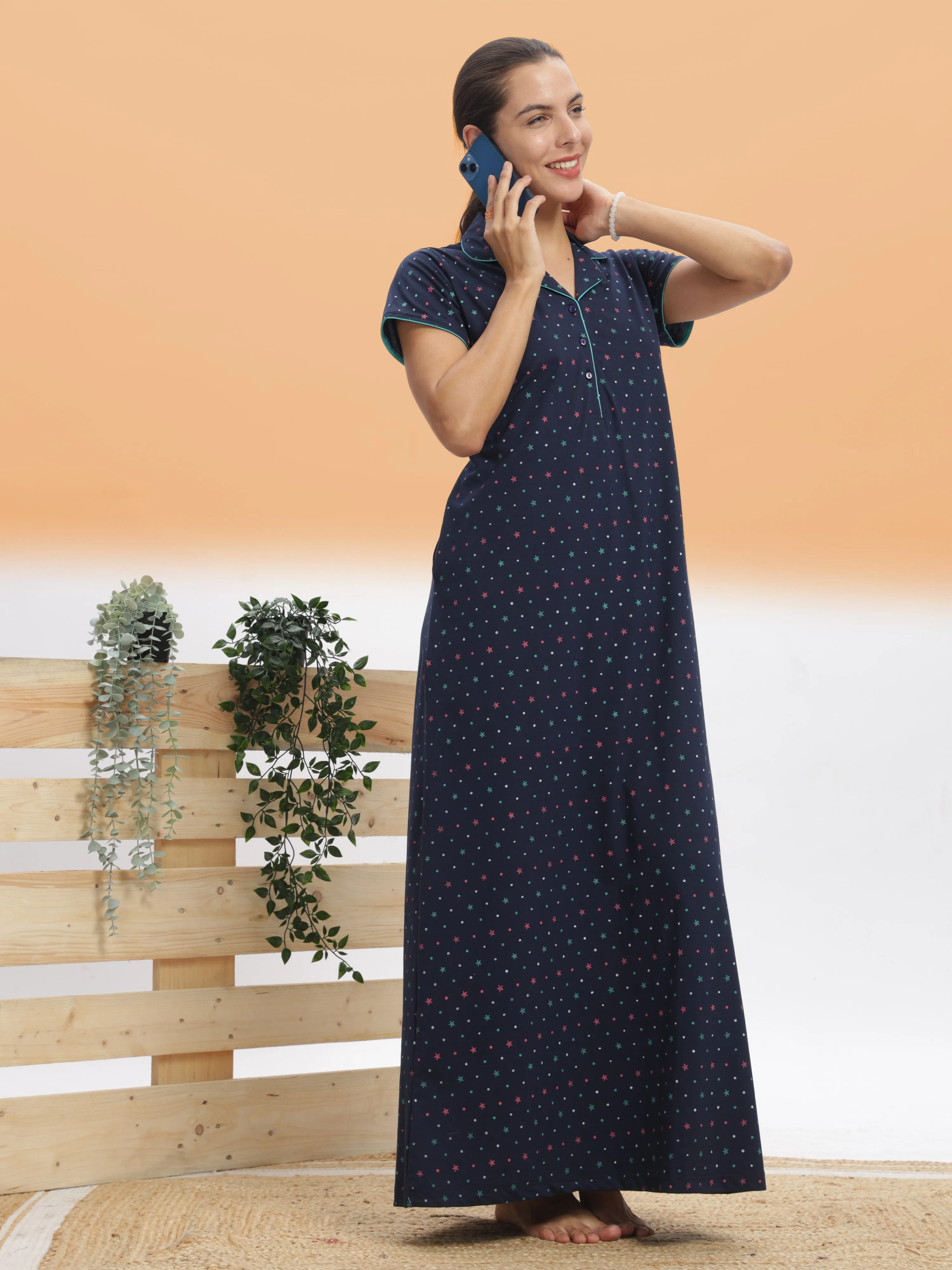 Premium Cotton Blend Collar Nighty Royal Blue