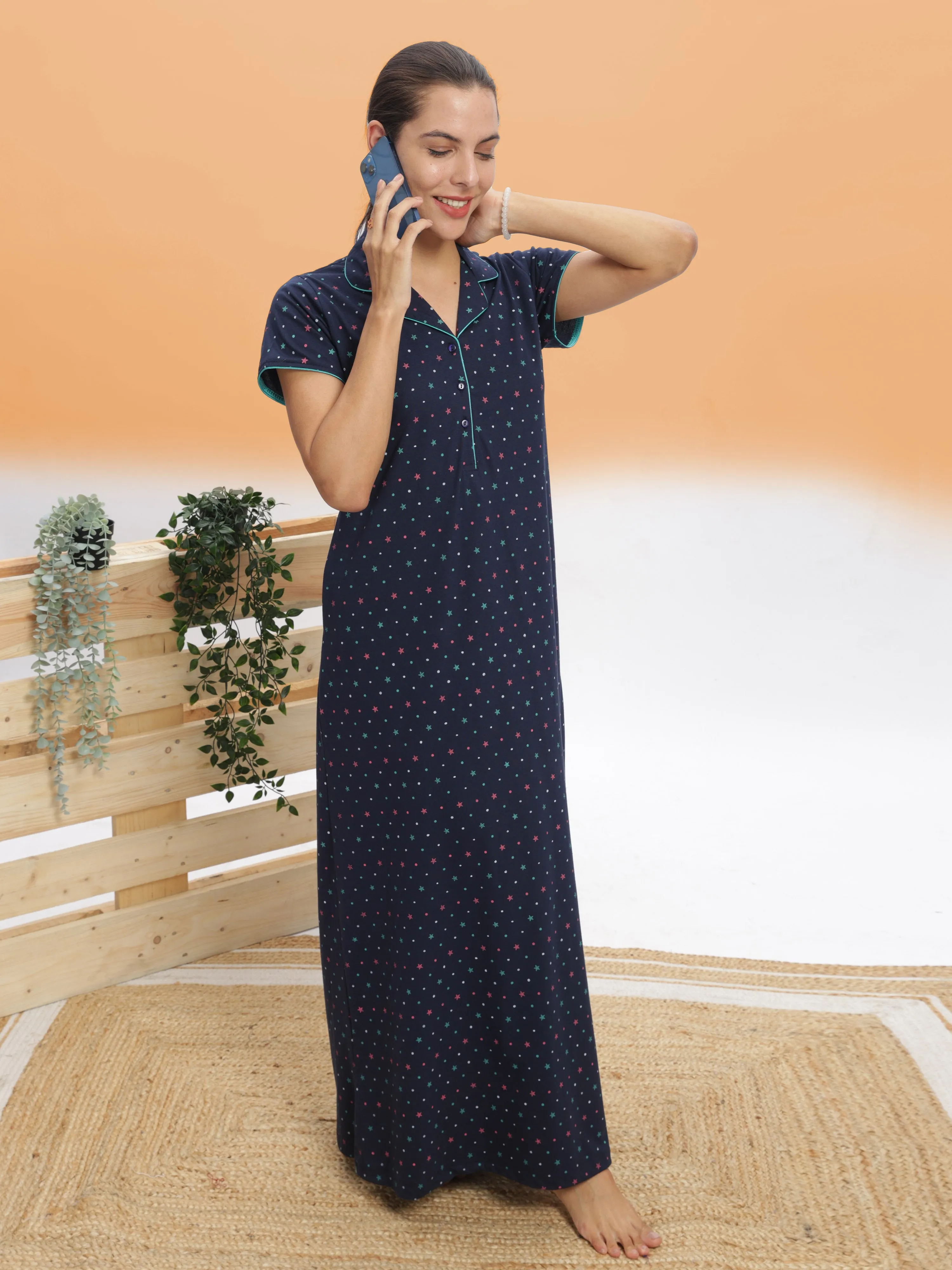 Premium Cotton Blend Collar Nighty Royal Blue