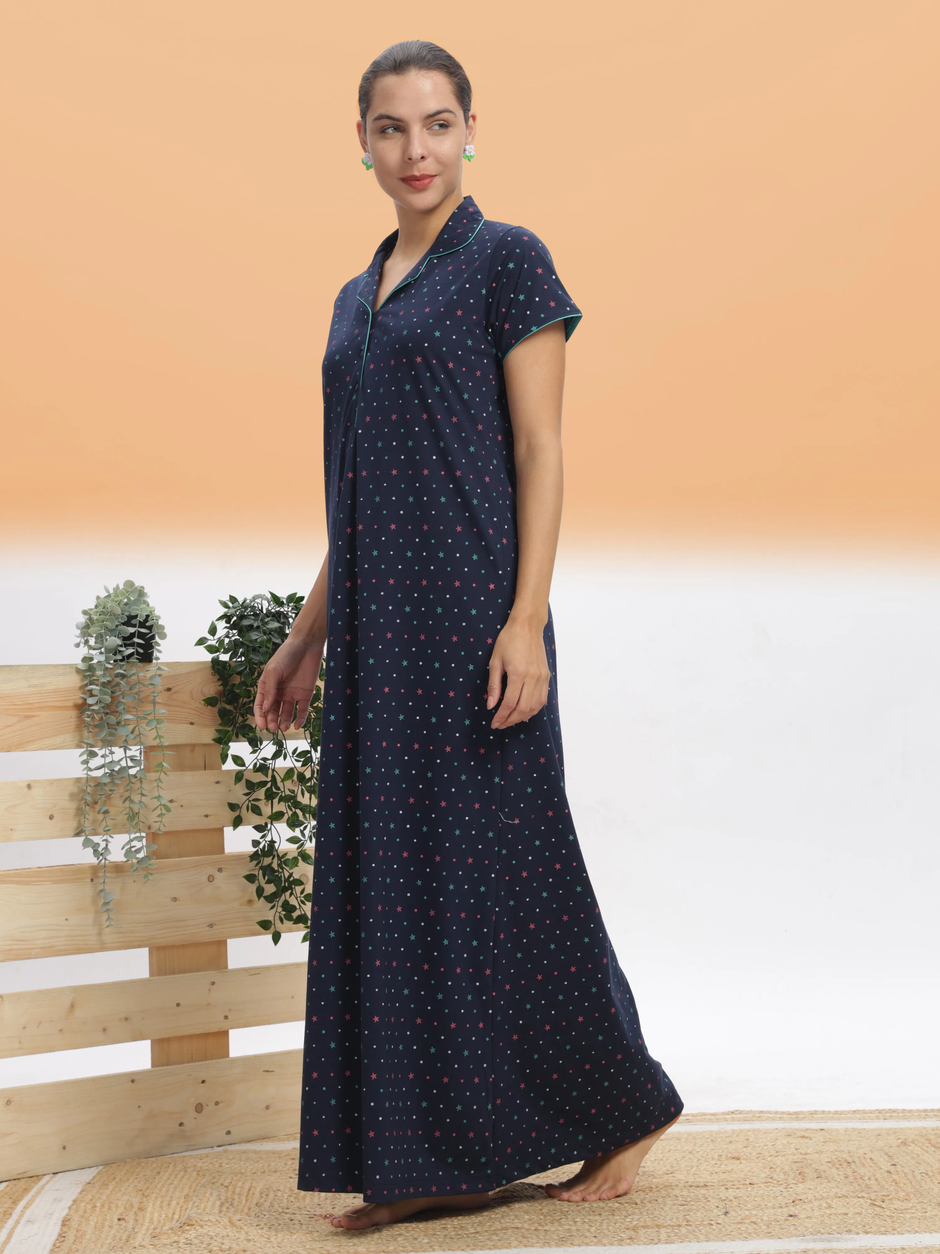 Premium Cotton Blend Collar Nighty Royal Blue